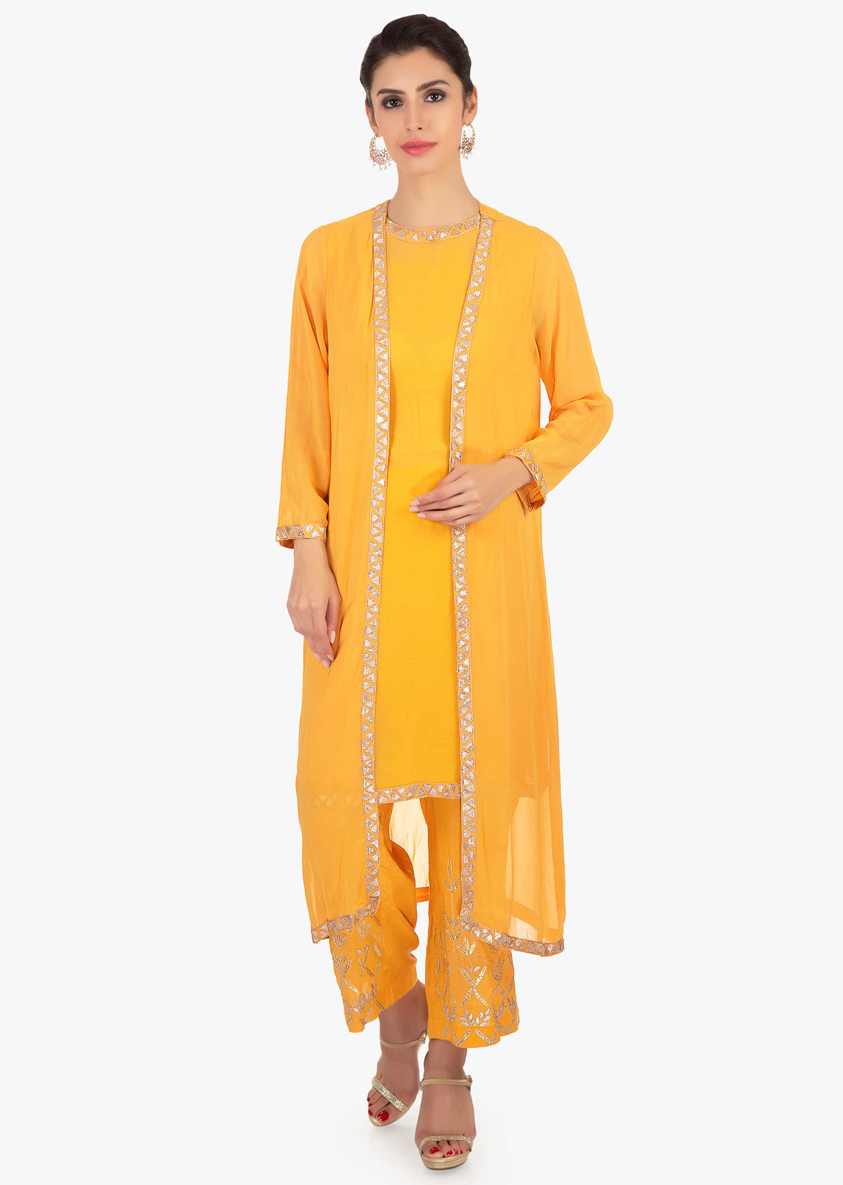 Mustard yellow suit paired with straight pant and georgette long jacket 