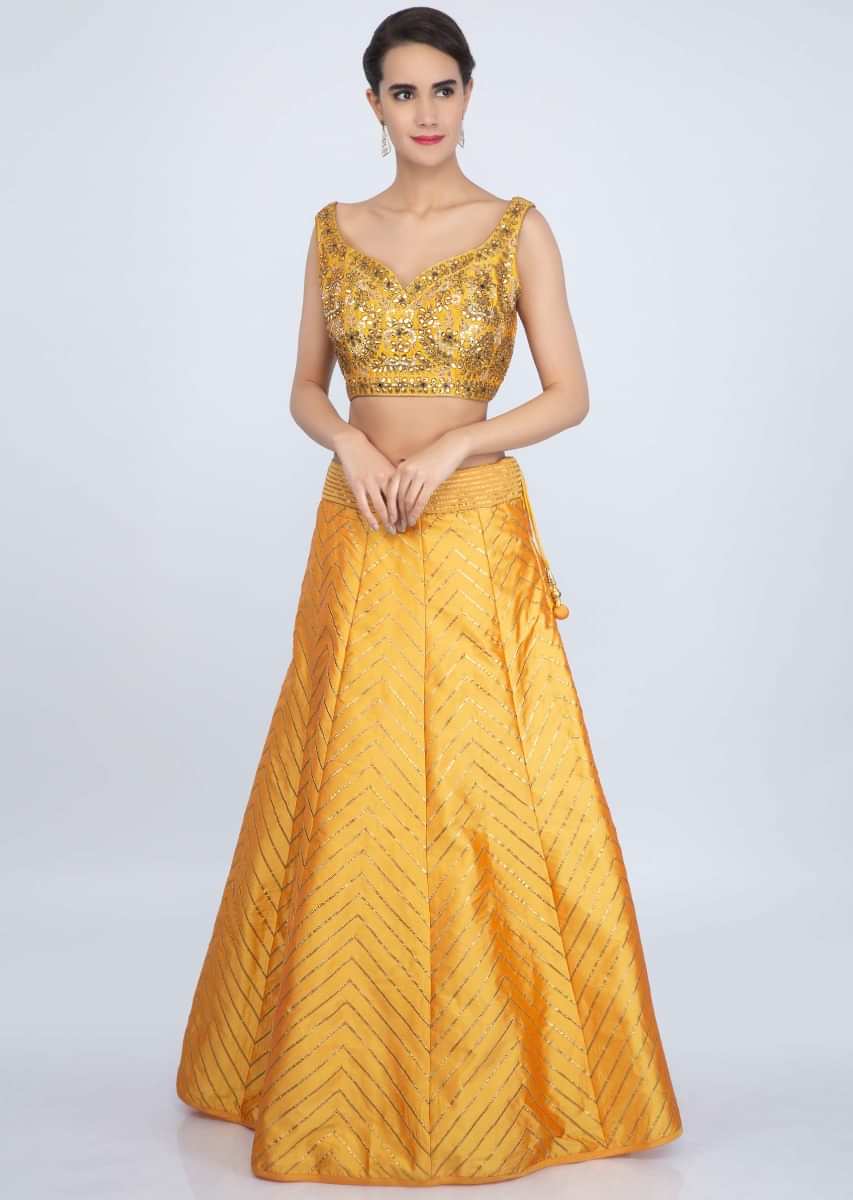 Mustard Yellow Lehenga Set In Taffeta Silk With Lace Embroidery Online - Kalki Fashion