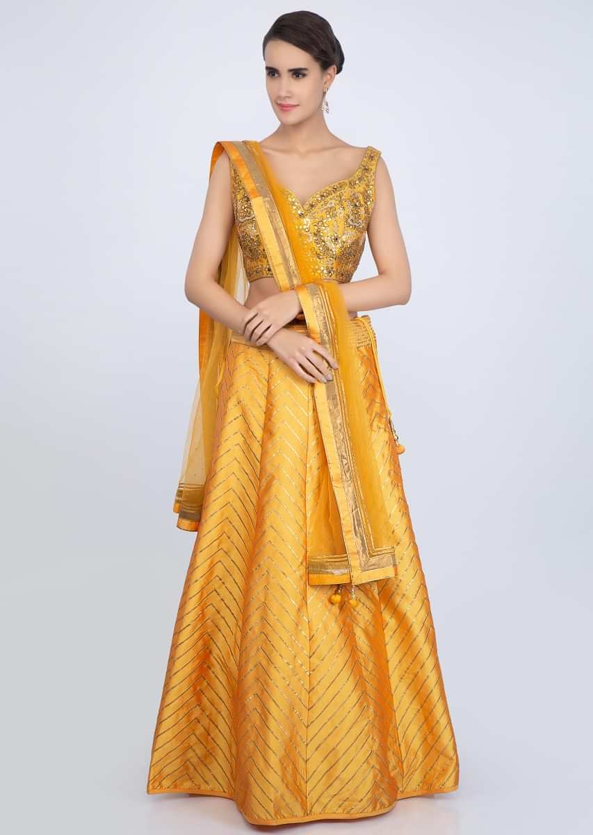 Mustard Yellow Lehenga Set In Taffeta Silk With Lace Embroidery Online - Kalki Fashion