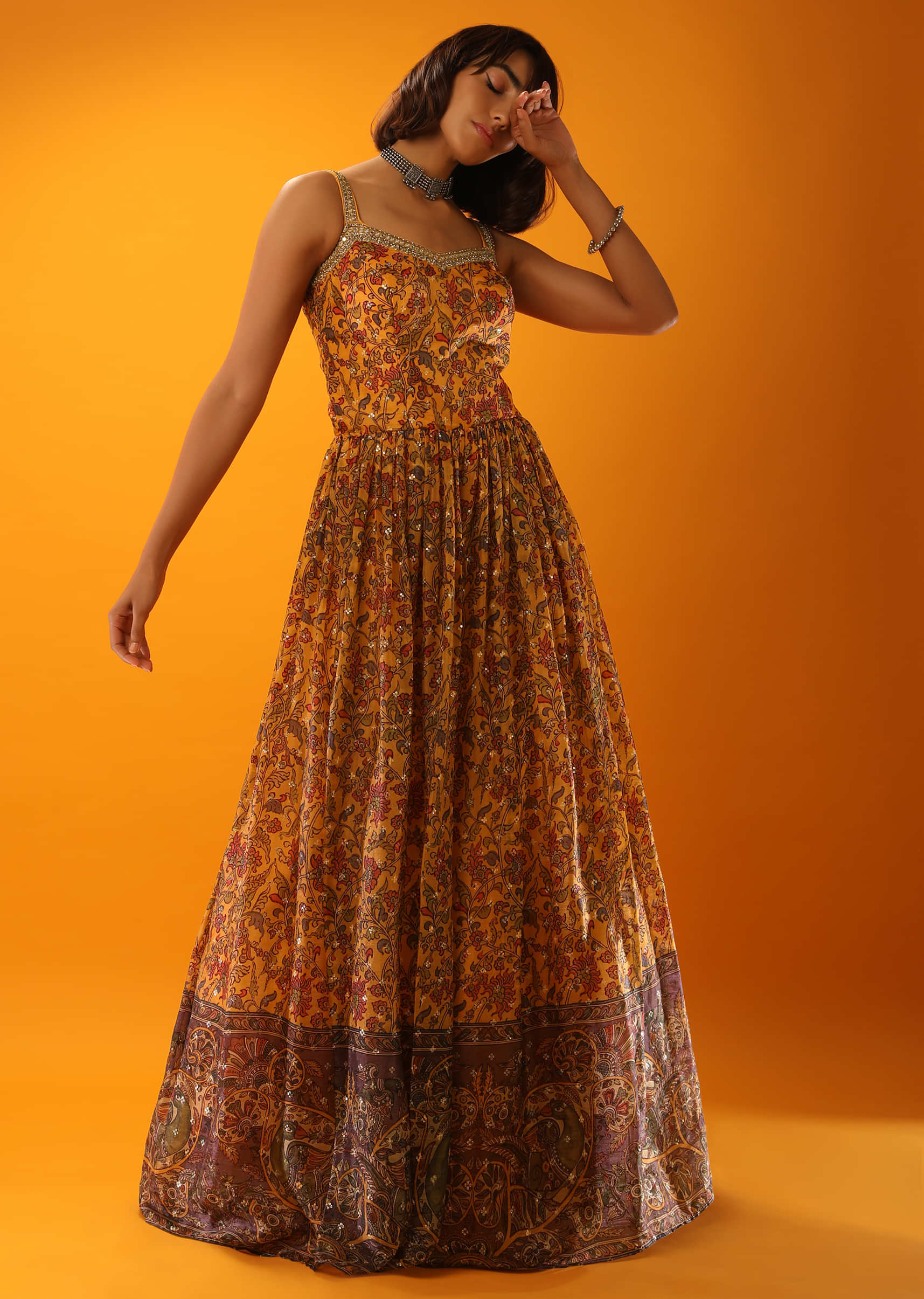 Mustard Anarkali Dress In Satin Crepe With Floral Print And Mirror Embroidery  