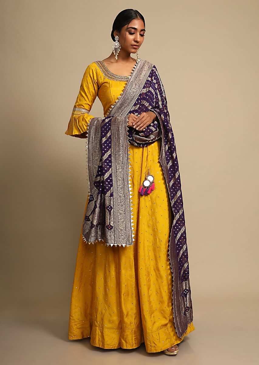 Mustard Yellow Cotton Silk Anarkali Suit Set With Ruffle Sleeves And Navy Blue Bandhani Dupatta
