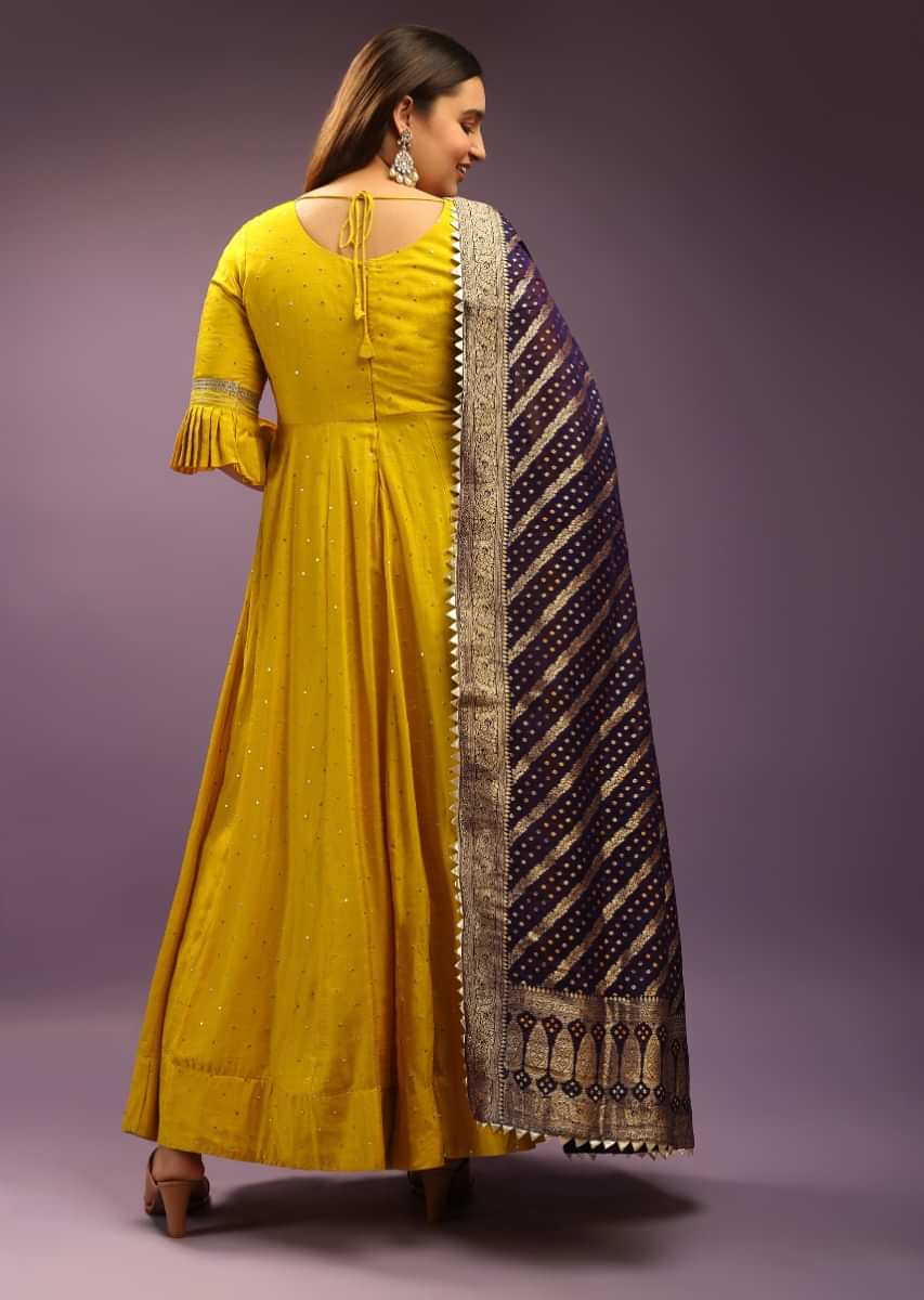 Mustard Yellow Cotton Silk Anarkali Suit Set With Ruffle Sleeves And Navy Blue Bandhani Dupatta