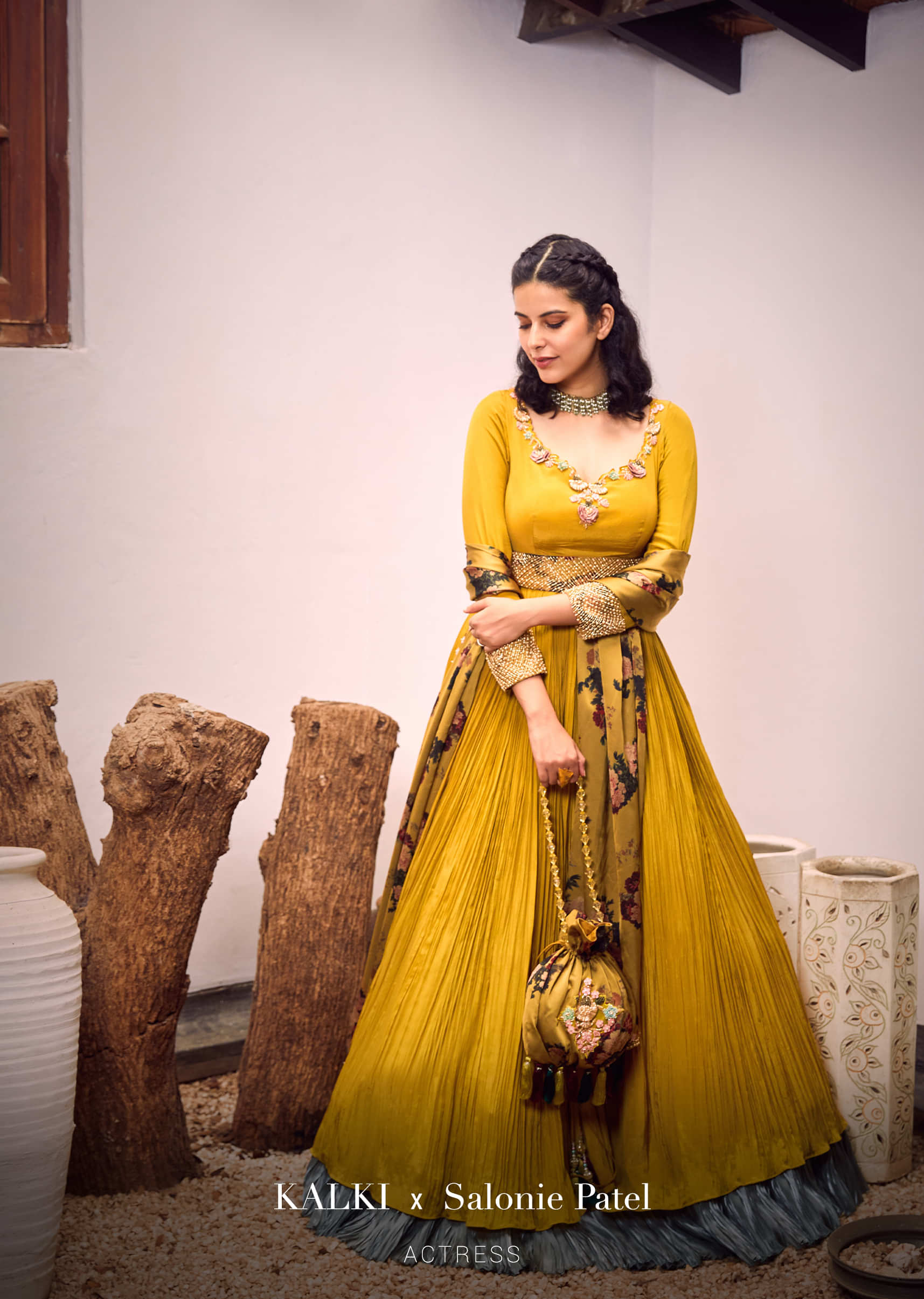 Mustard Anarkali Suit In Crepe With Hand Embroidered Plunging Neckline, Moti Belt And Floral Printed Satin Dupatta  
