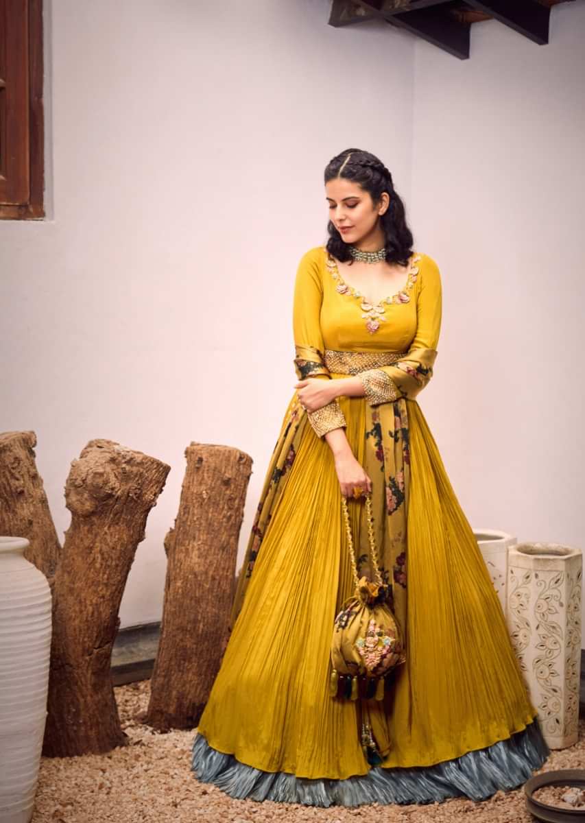 Mustard Anarkali Suit In Crepe With Hand Embroidered Plunging Neckline, Moti Belt And Floral Printed Satin Dupatta  