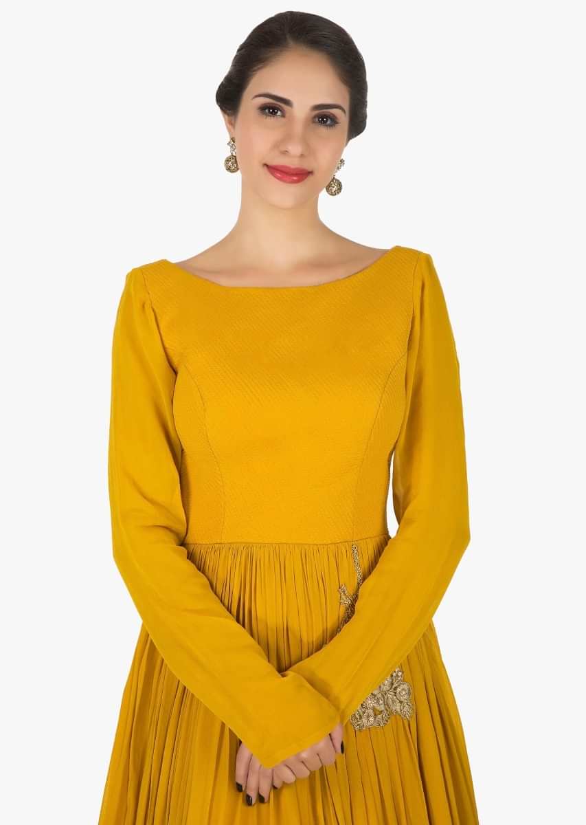 Mustard Anarkali Suit In Georgette Embellished With Resham And Cut Dana Butti Work Online - Kalki Fashion