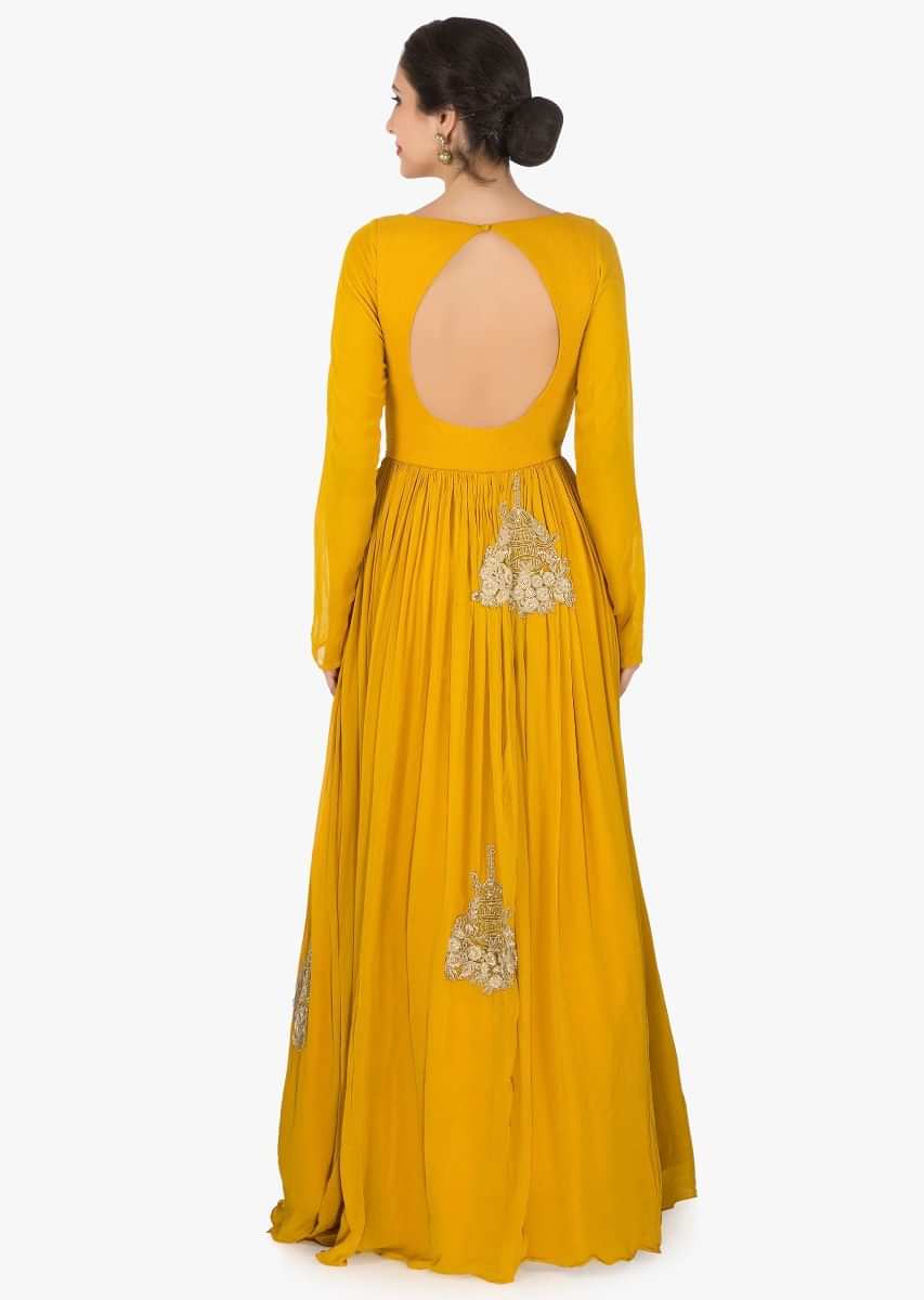 Mustard Anarkali Suit In Georgette Embellished With Resham And Cut Dana Butti Work Online - Kalki Fashion