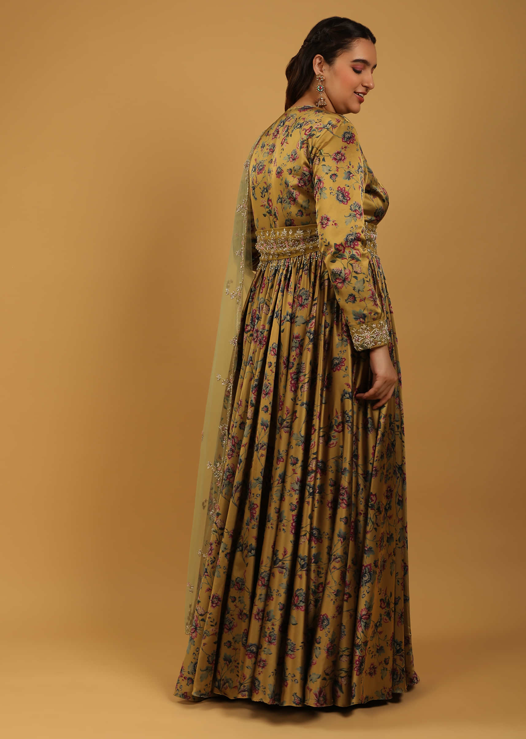 Mustard Anarkali Suit In Satin With Floral Print All Over And A Broad Moti And Cut Dana Embroidered Belt  