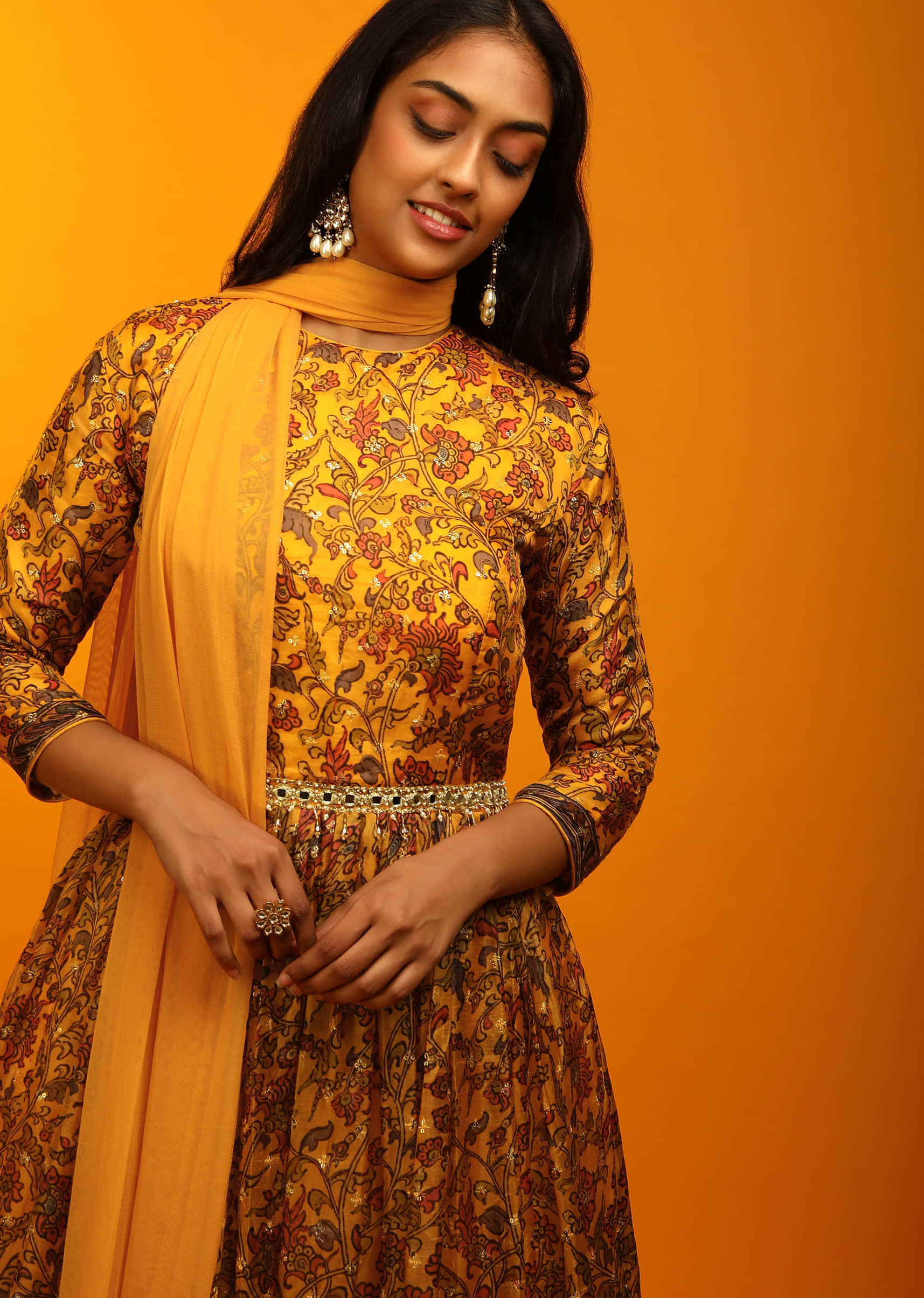 Buy Mustard Anarkali Suit with Floral and Peacock Print and Mirror ...