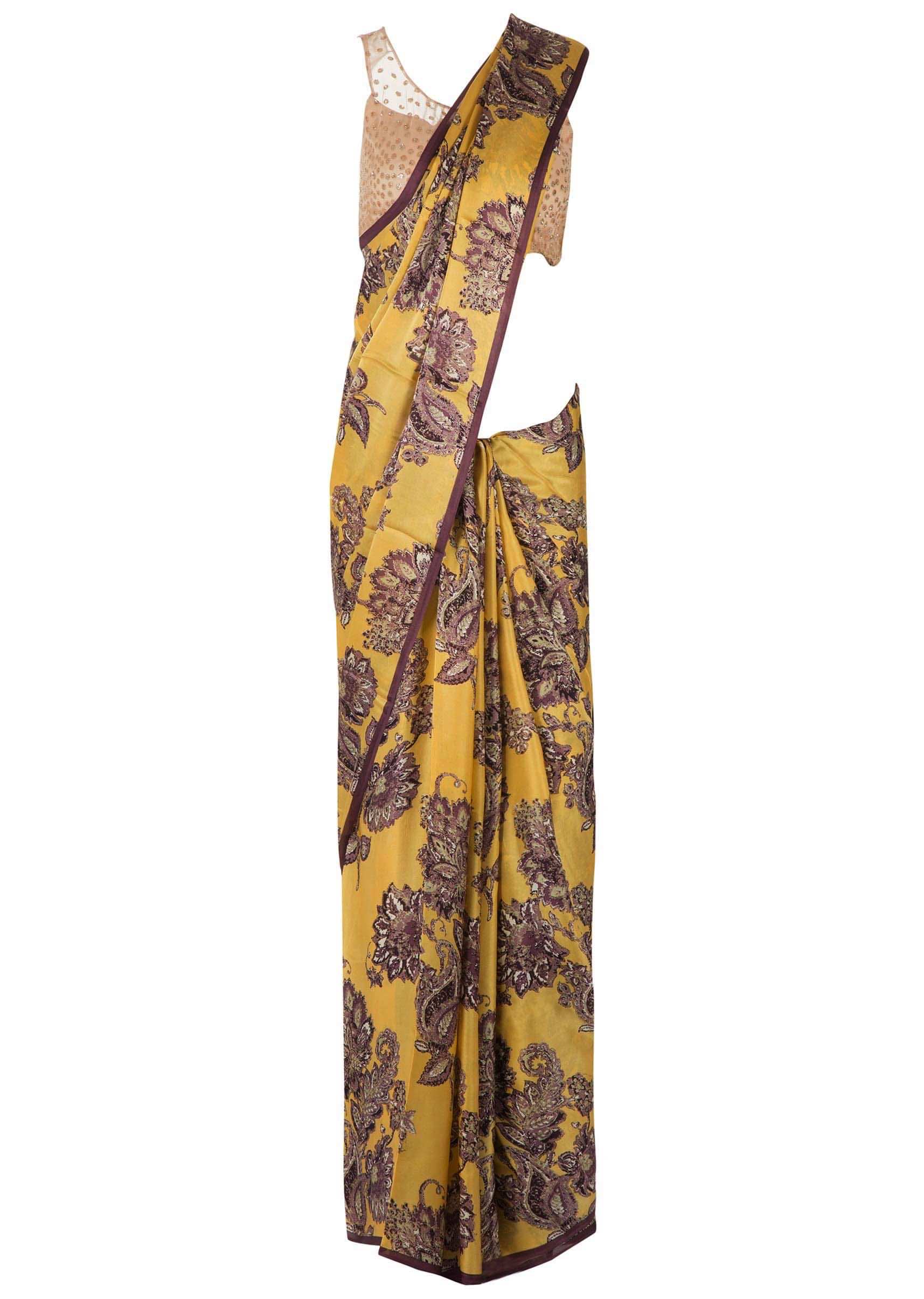 Mustard and brown saree in satin with floral and paisley print only on Kalki