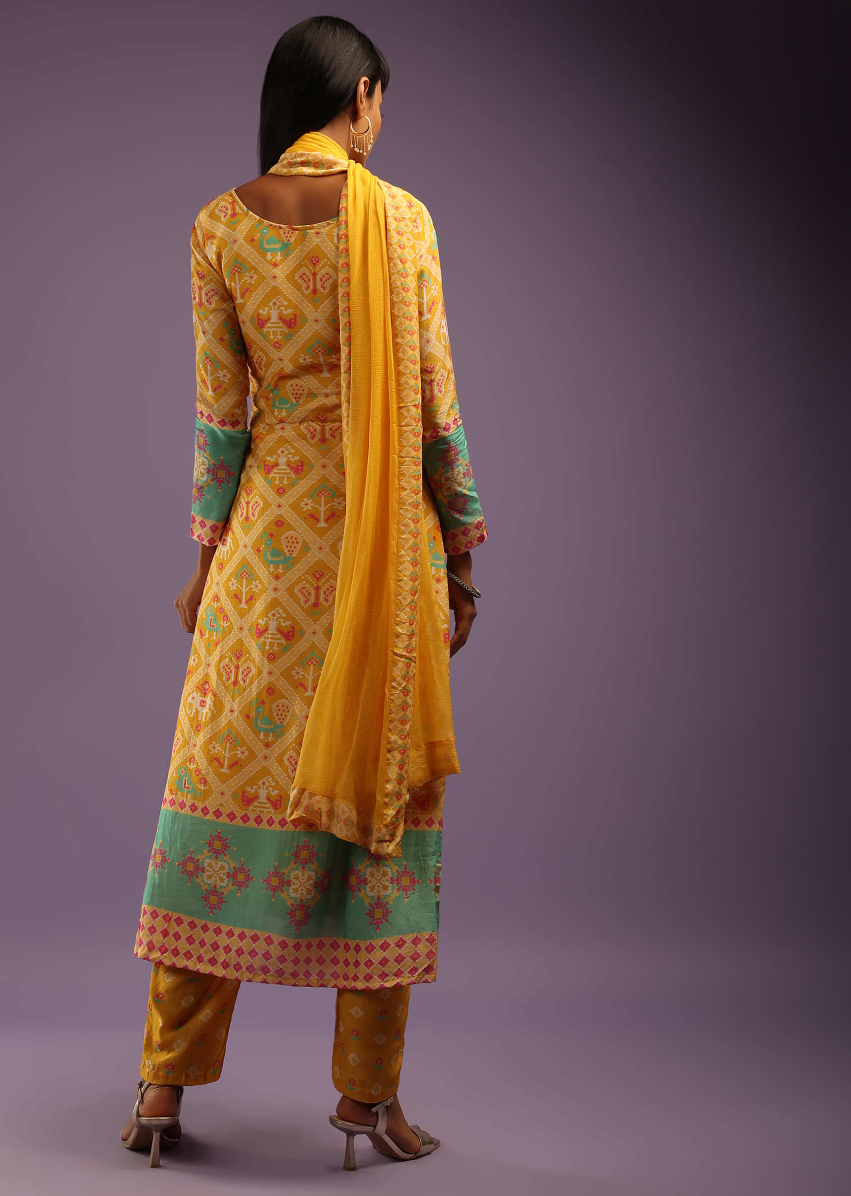 Mustard And Mint Straight Cut Suit In Cotton Silk With Patola Print  