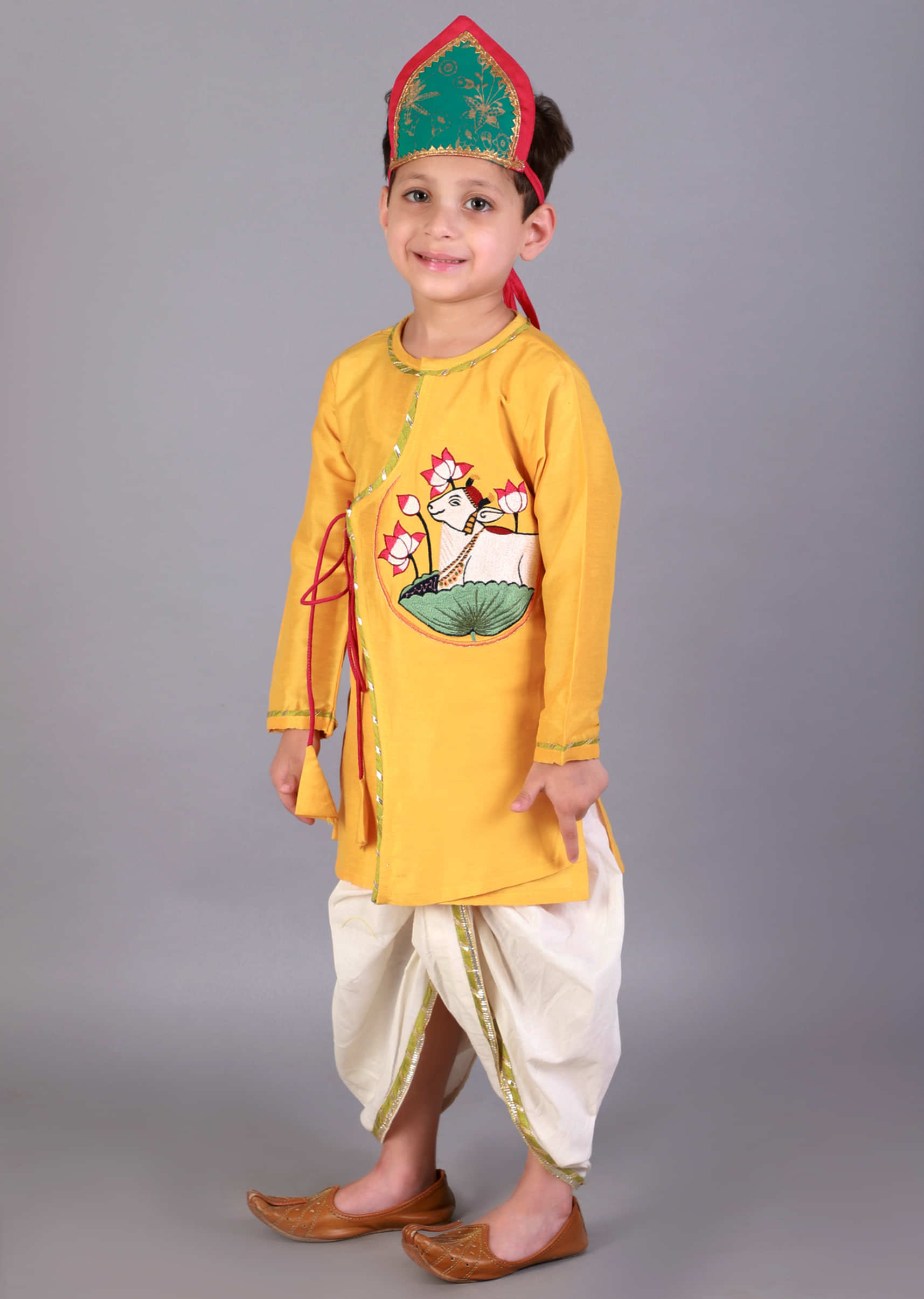 Kalki Boys Mustard Angarkha And Dhoti Set With Pichwai Embroidery