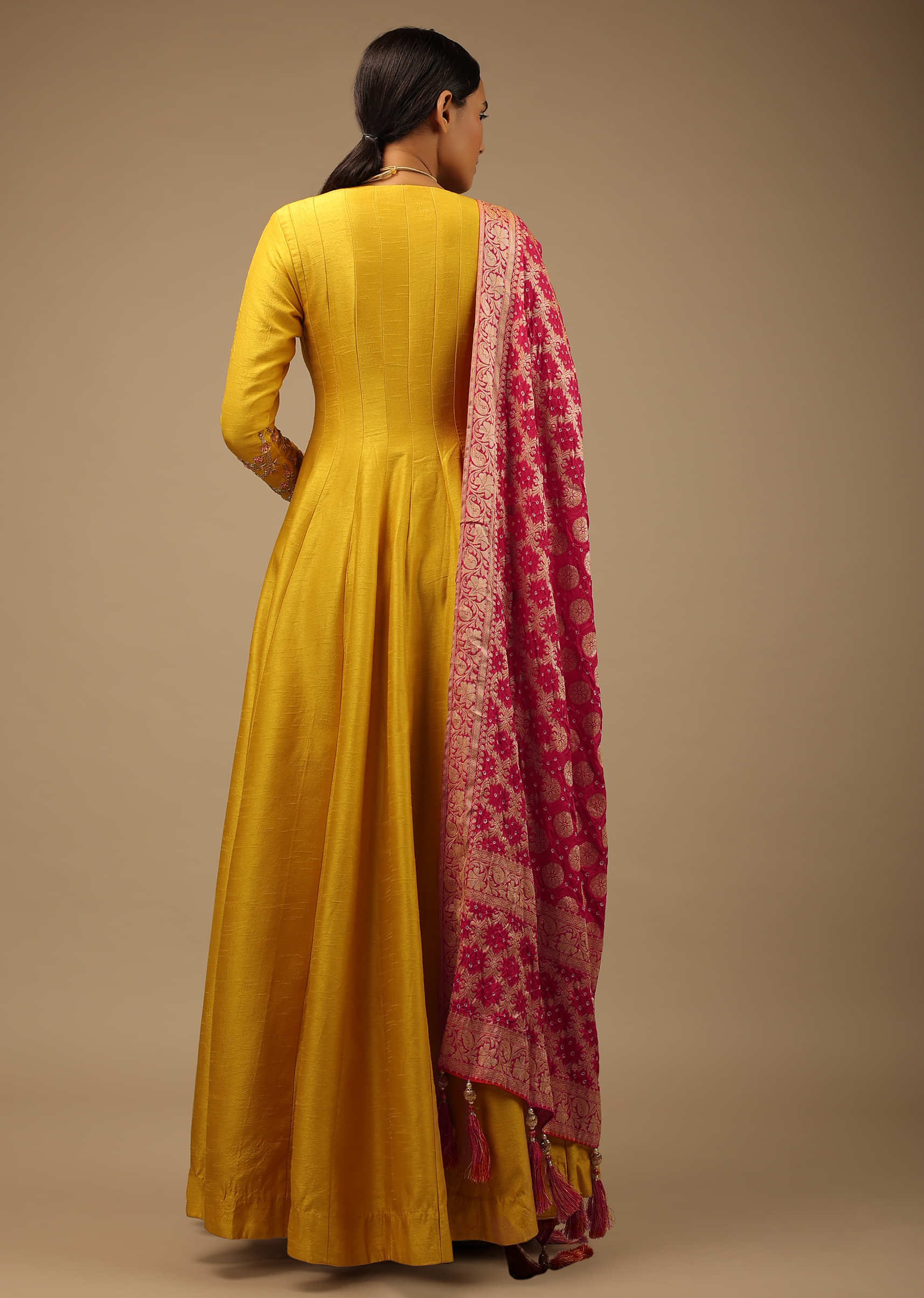 Mustard Angrakha Suit In Raw Silk With Hand Embroidery And A Contrasting Brocade Dupatta Enhanced With Bandhani 
