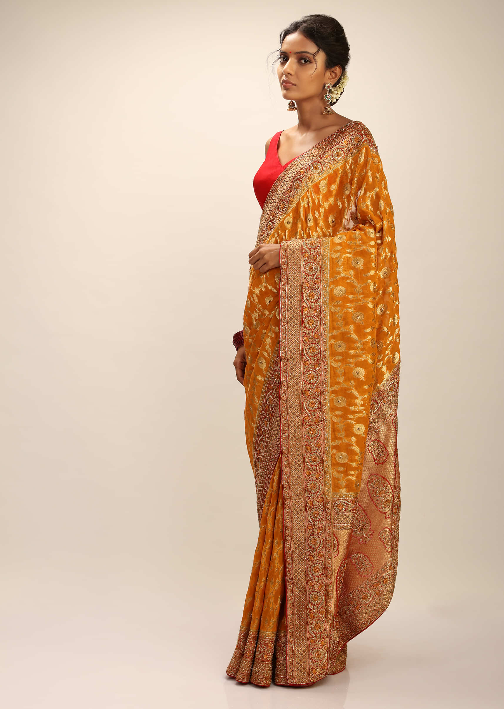 Mustard Banarasi Saree In Georgette With Woven Floral Jaal And Zardosi Embroidery Detailing  