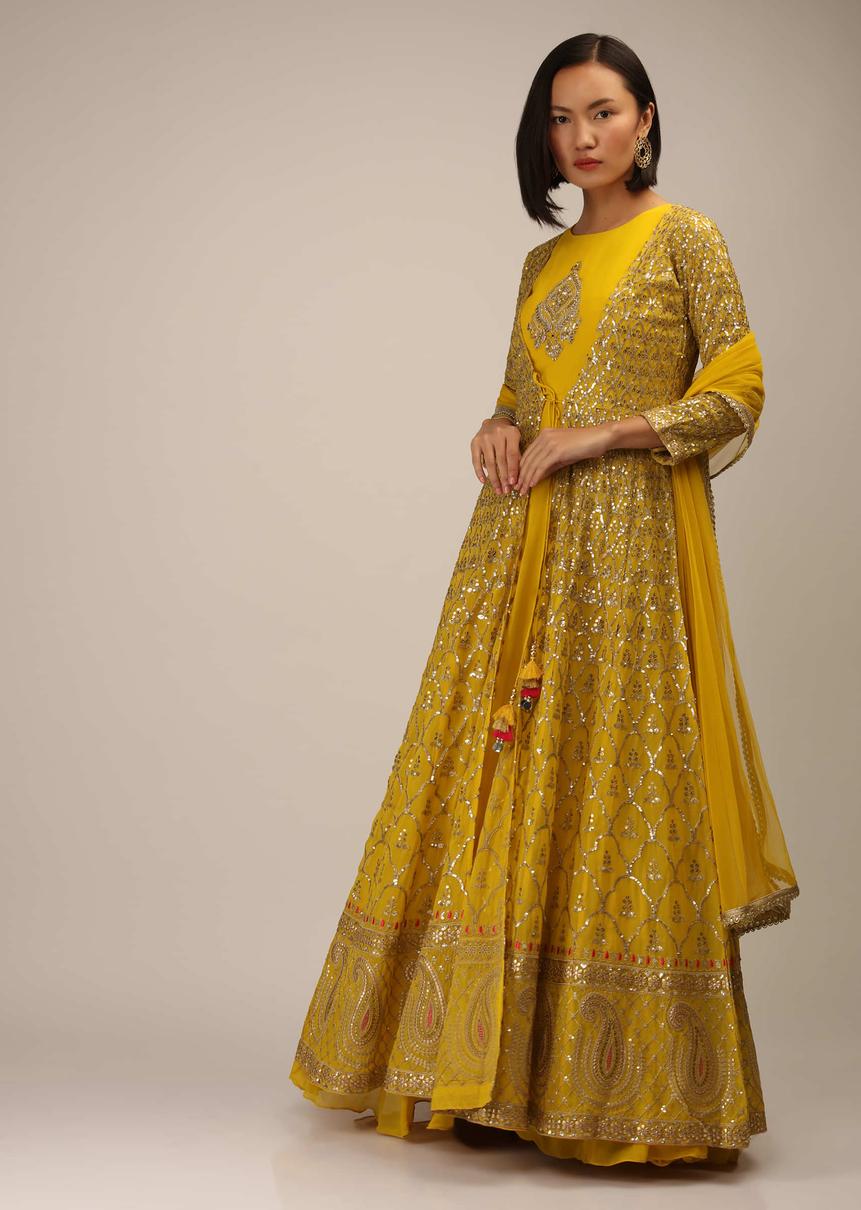 Mustard Floor Length Jacket Suit With Zari And Sequins Embroidered Moroccan Jaal