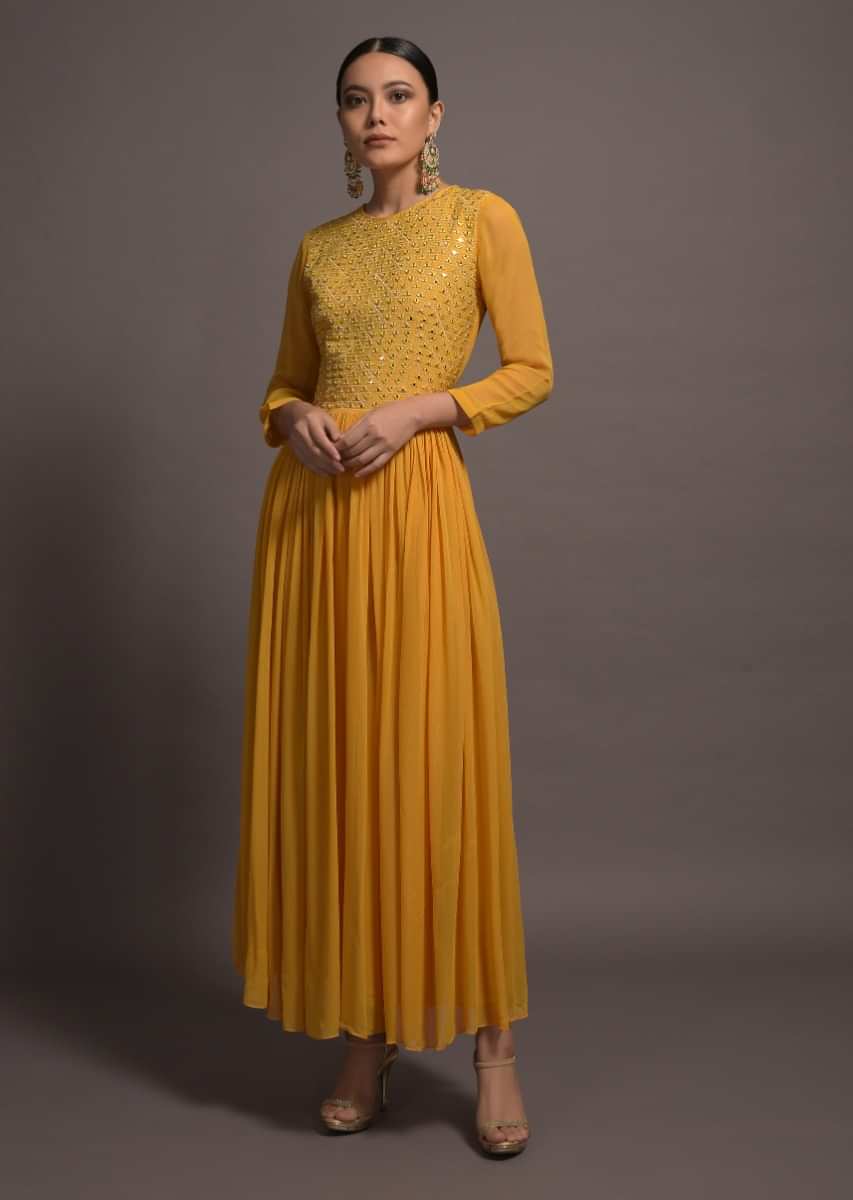 Mustard Georgette Jumpsuit With Mirror And Resham Embroidered Bodice 