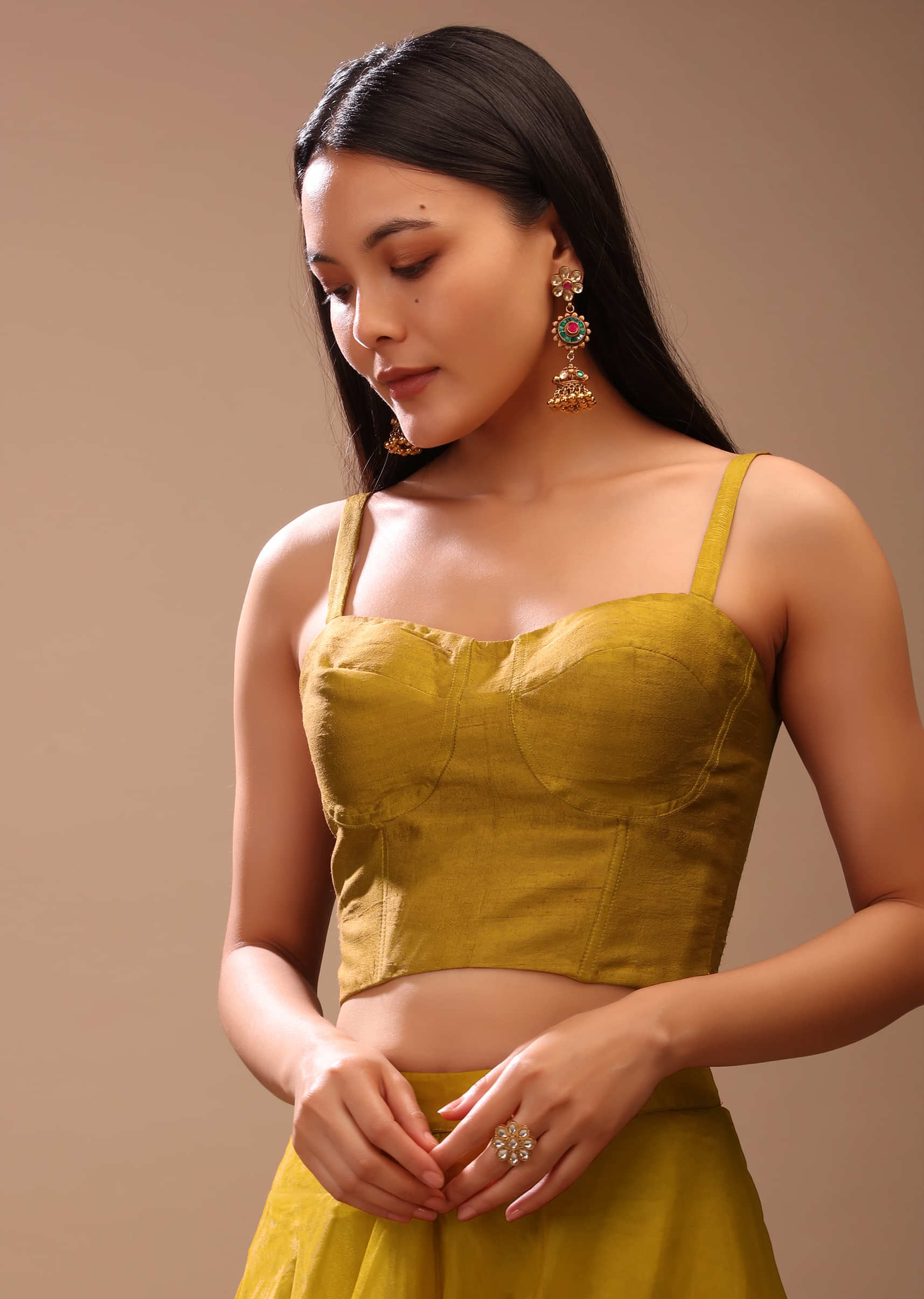 Mustard Gold Corset Top In Raw Silk With Strap Sleeves And Boning Detailing