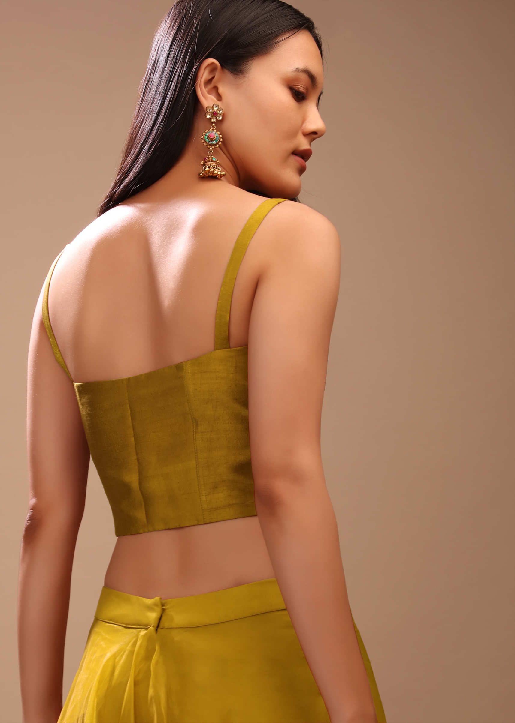 Mustard Gold Corset Top In Raw Silk With Strap Sleeves And Boning Detailing
