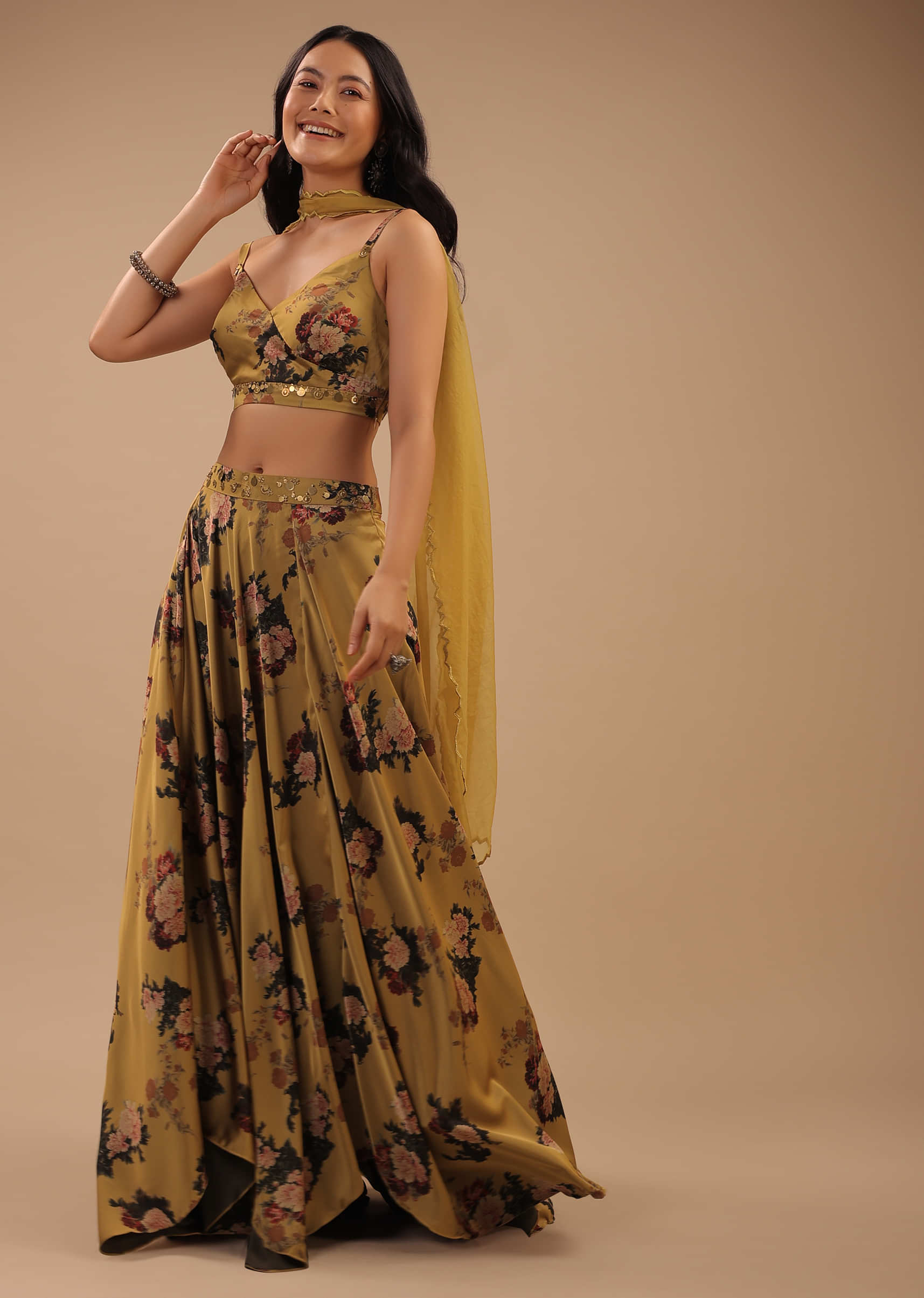 Mustard Gold Satin Crop Top And Skirt With Floral Print And Scallop Cut Hemline