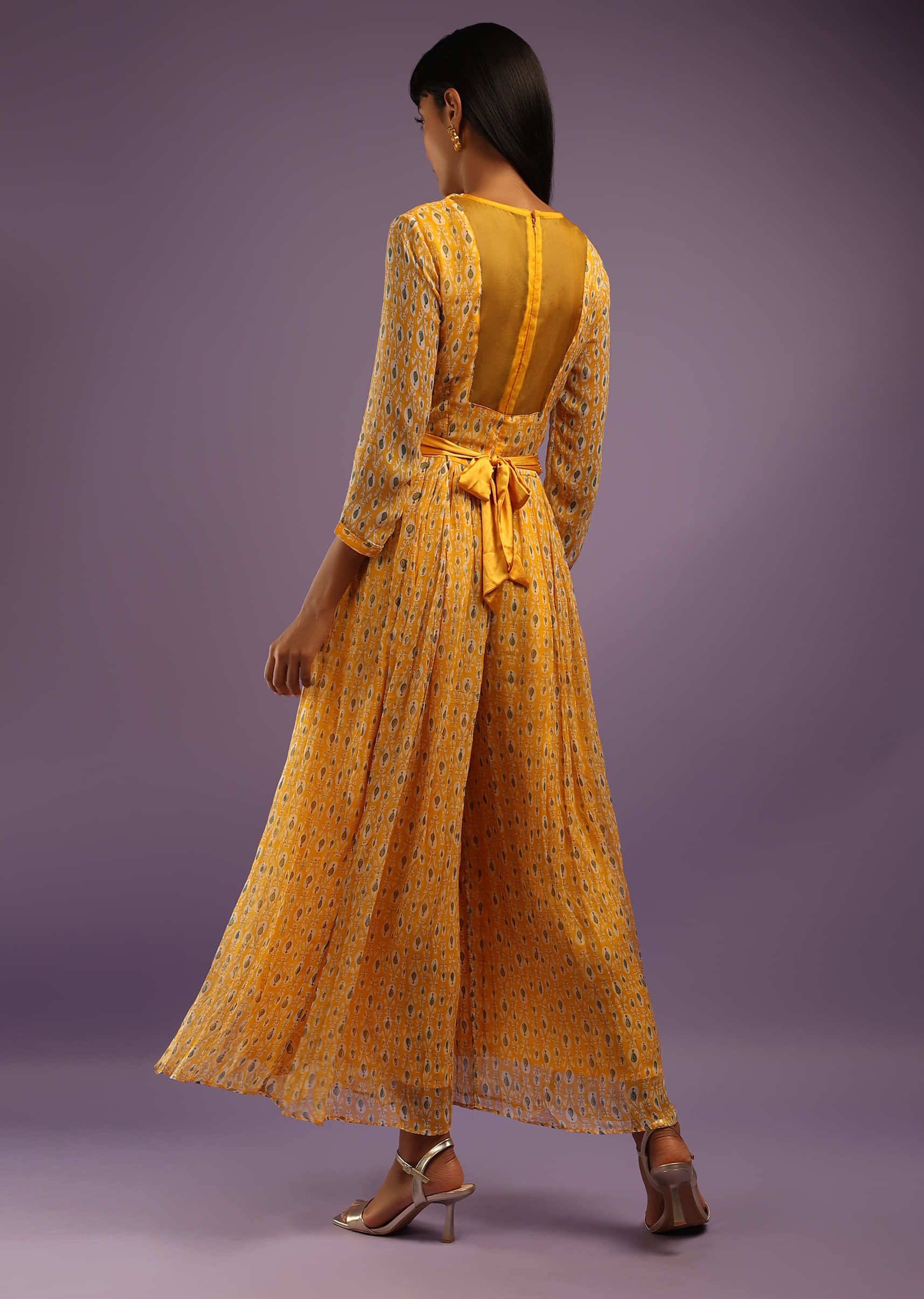 Mustard Jumpsuit In Georgette With All Over Print And Zari Highlights On The Bodice  