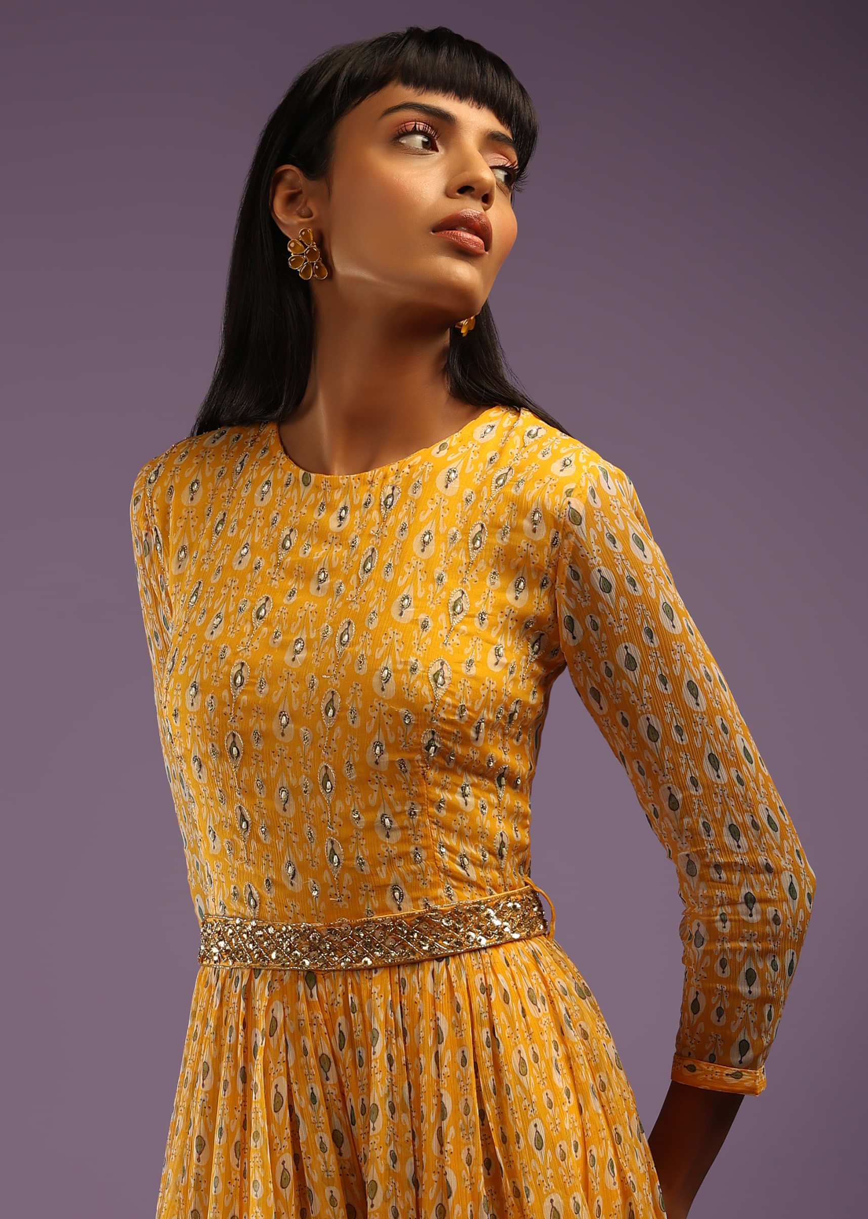 Mustard Jumpsuit In Georgette With All Over Print And Zari Highlights On The Bodice  