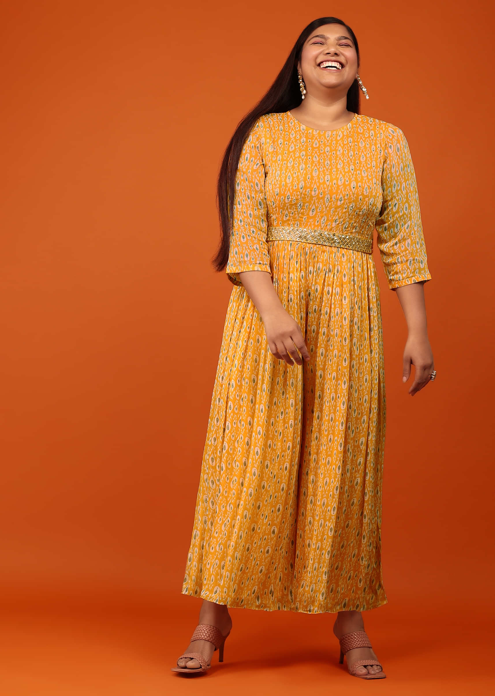 Georgette Jumpsuit in Mustard With Zari Accented Bodice And Print All Over