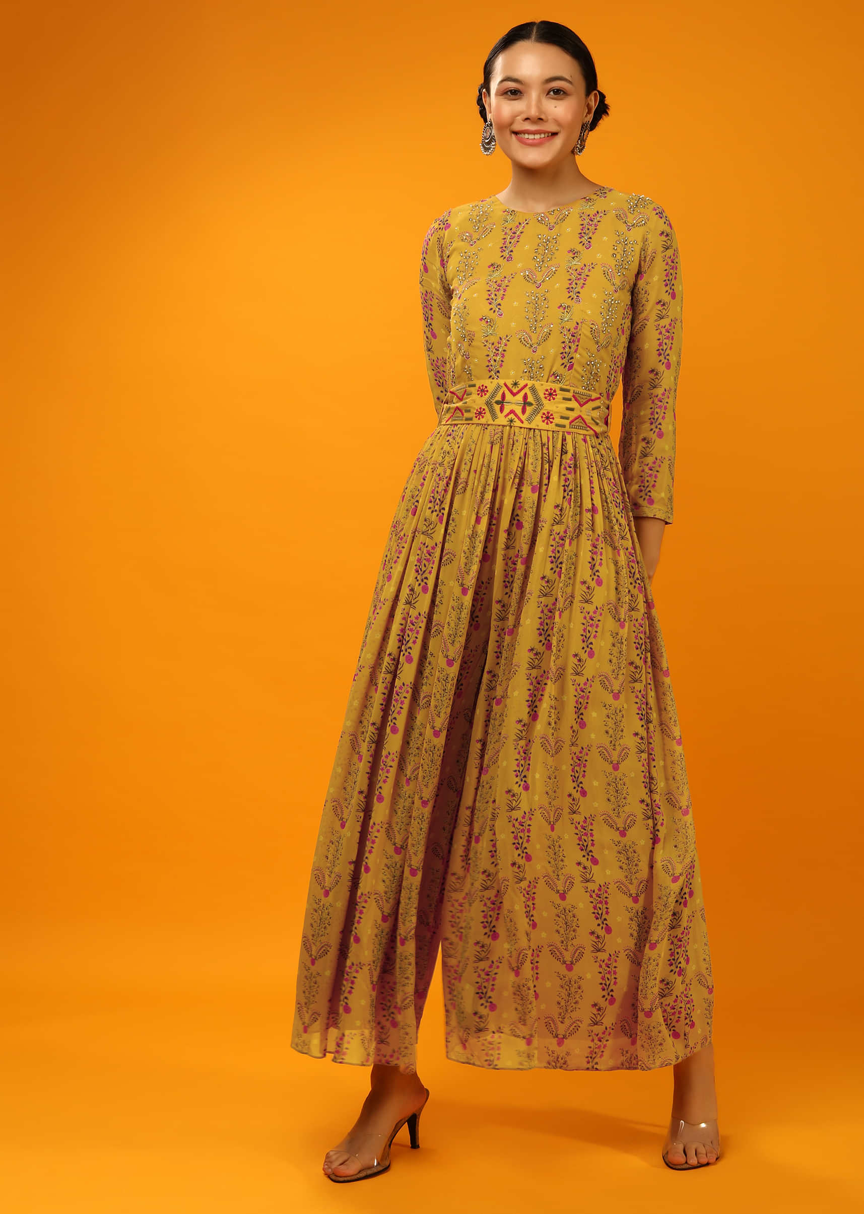 Mustard Jumpsuit In Georgette With Floral Print And Thread Embroidered Belt  