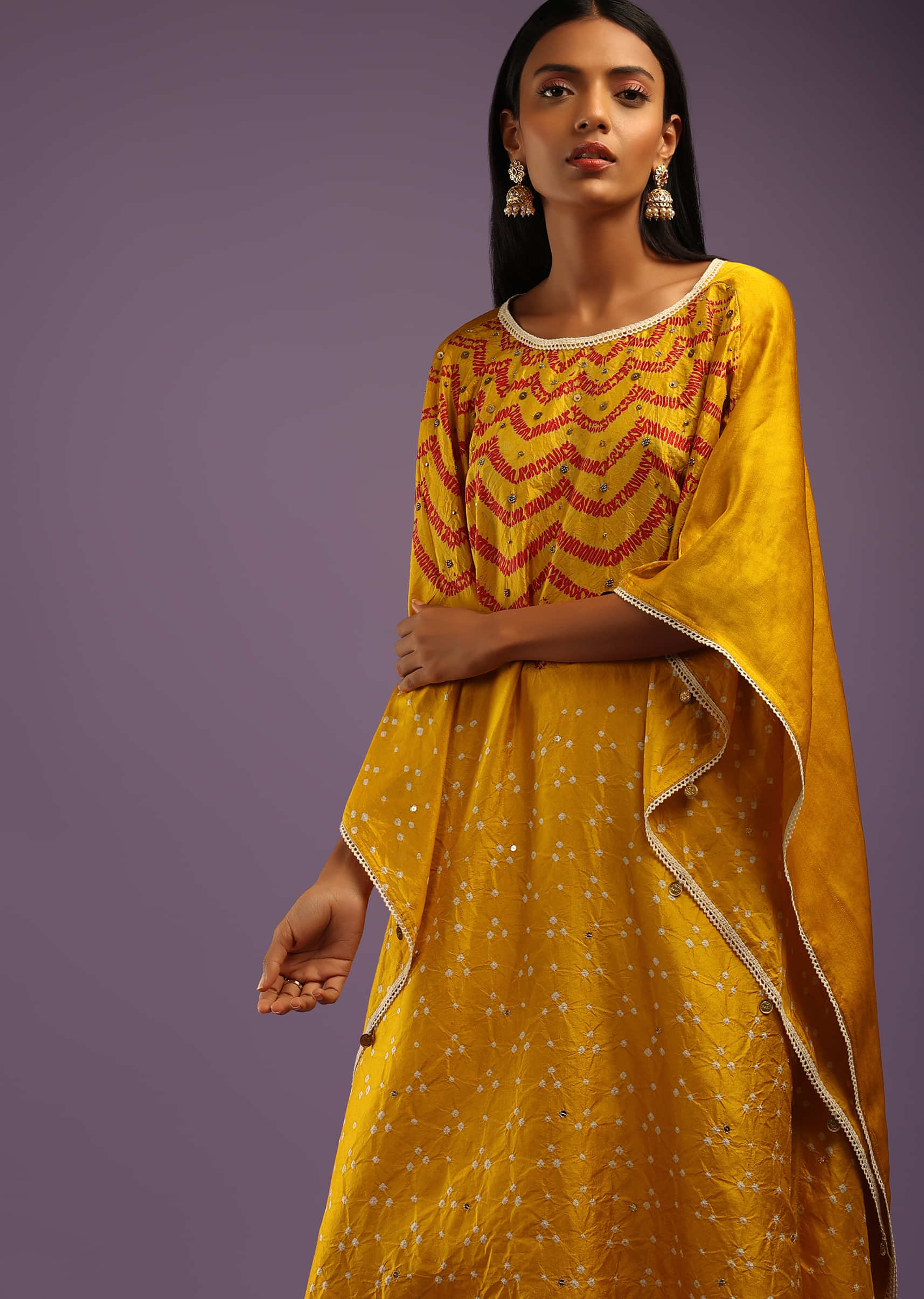 Buy Mustard Kaftan Suit In Crepe With Real Bandhani And Tie Dye Design ...