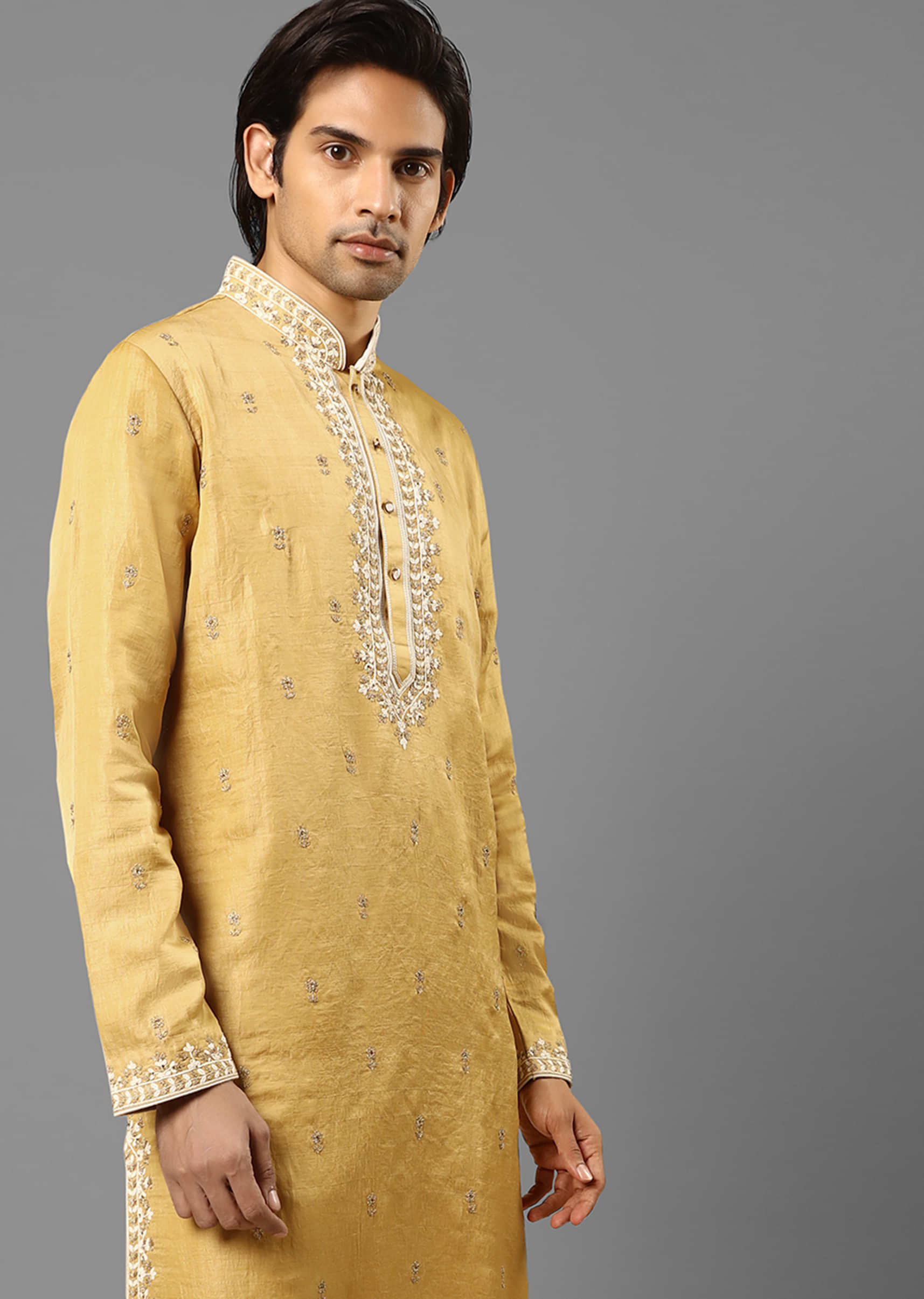 Mustard Kurta In Cotton Silk With Zari Embroidered Floral Buttis And Thread Work On The Yoke