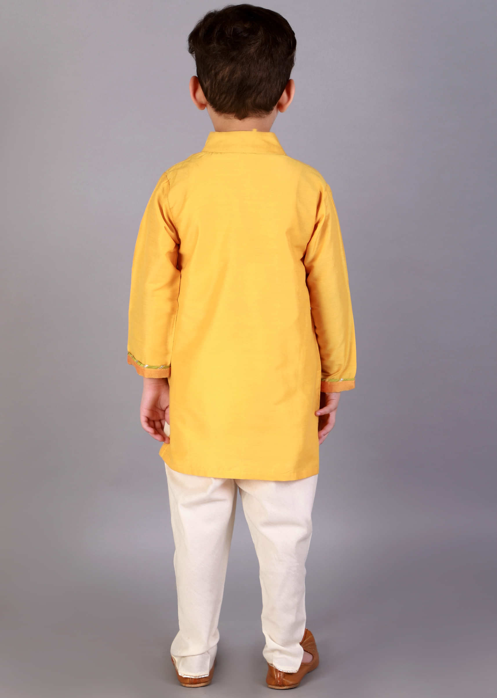 Kalki Boys Mustard Kurta Set In Cotton Silk With Embroidered Ganpati And Gotta Work