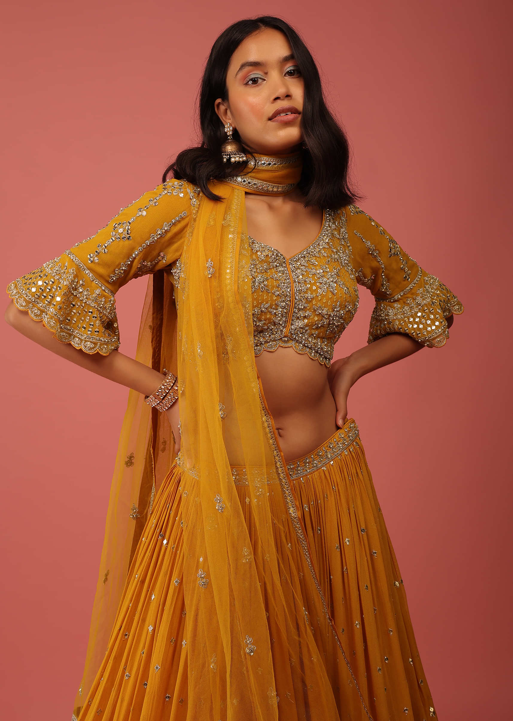 Mustard Yellow Lehenga In Georgette With Sequin Abla Embroidery And Ruffle Sleeved Choli