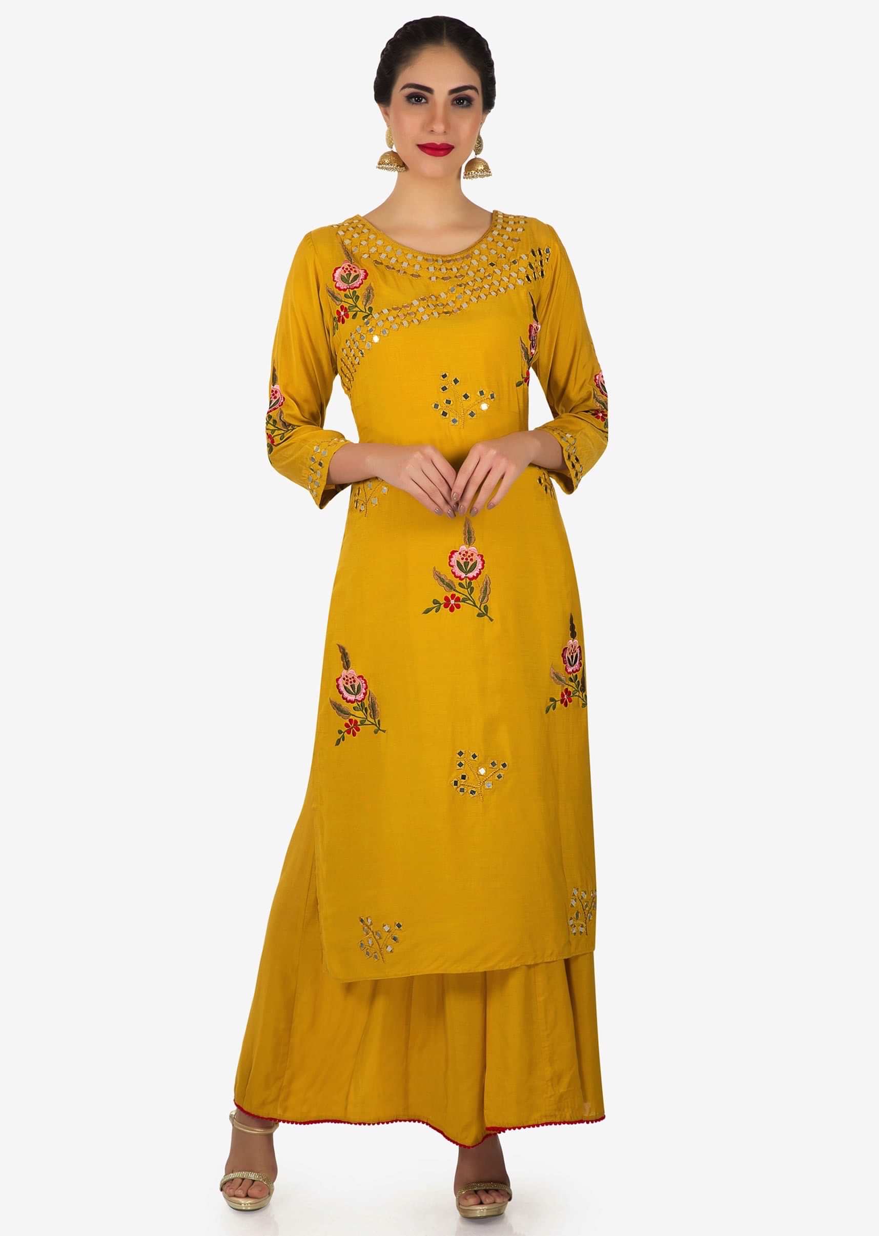 Mustard long tunic in cotton silk with resham and mirror embroidery only on Kalki