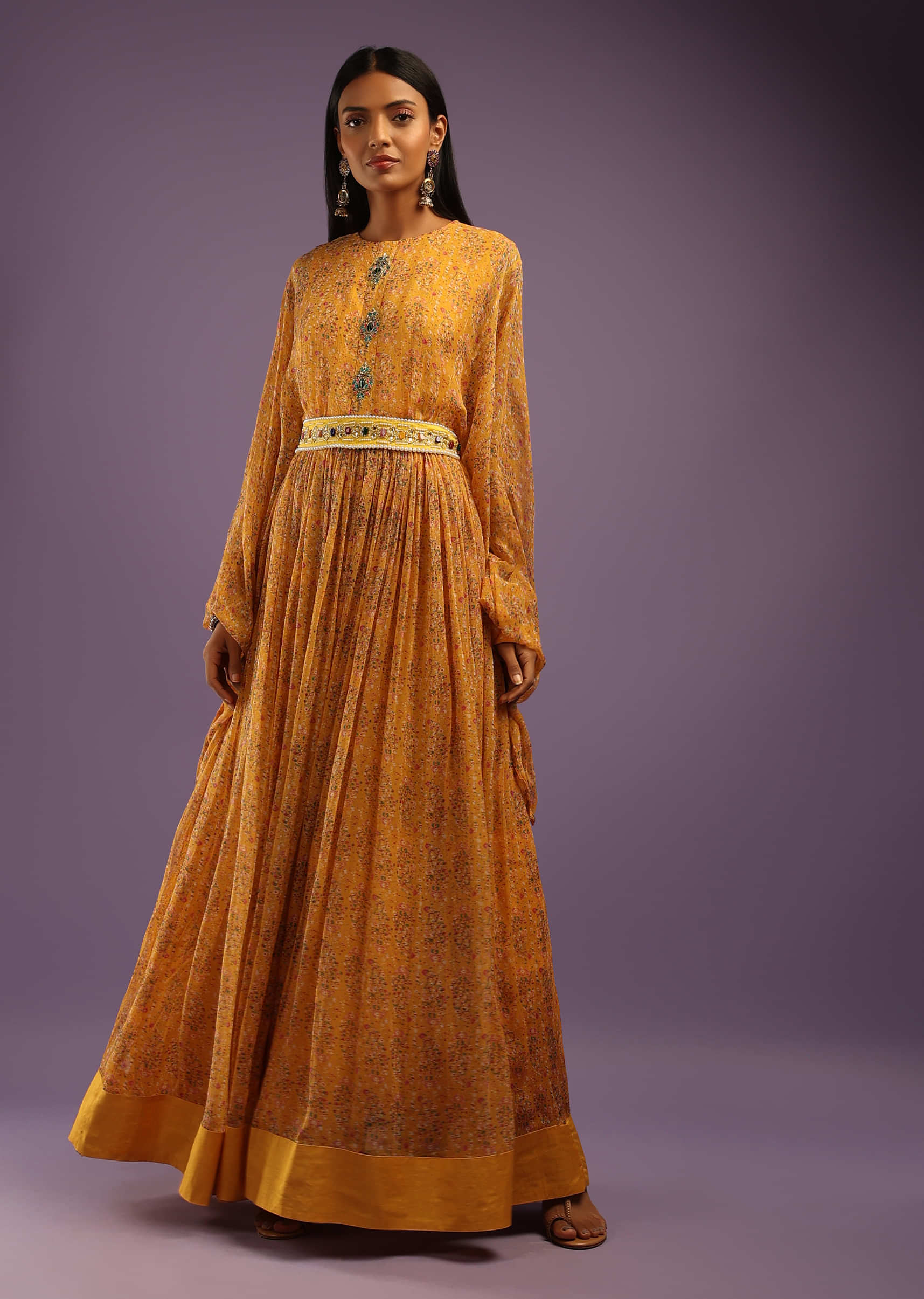 Mustard Maxi Dress In Georgette With Bandhani Print And Bishop Sleeves  