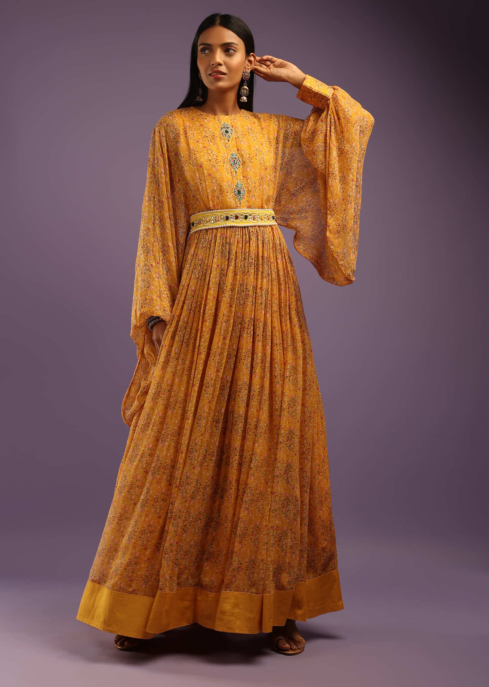 Buy Mustard Maxi Dress In Georgette With Bandhani Print And Bishop ...