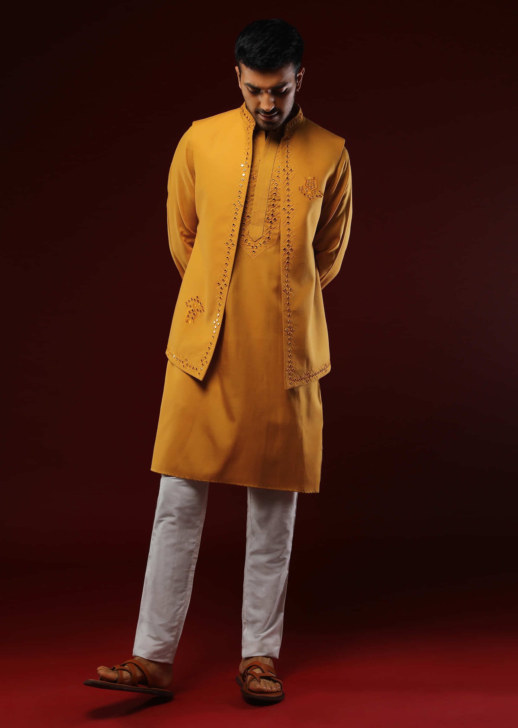 Mustard Nehru Jacket Set With Mirror Abla And Zari Embroidered Placket