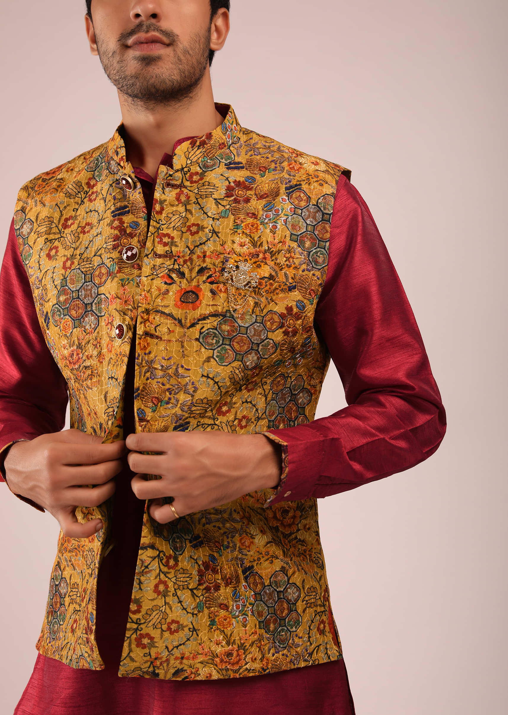 Mustard Nehru Jacket In Silk With Multi Colored Floral Printed Jaal And Red Kurta Set
