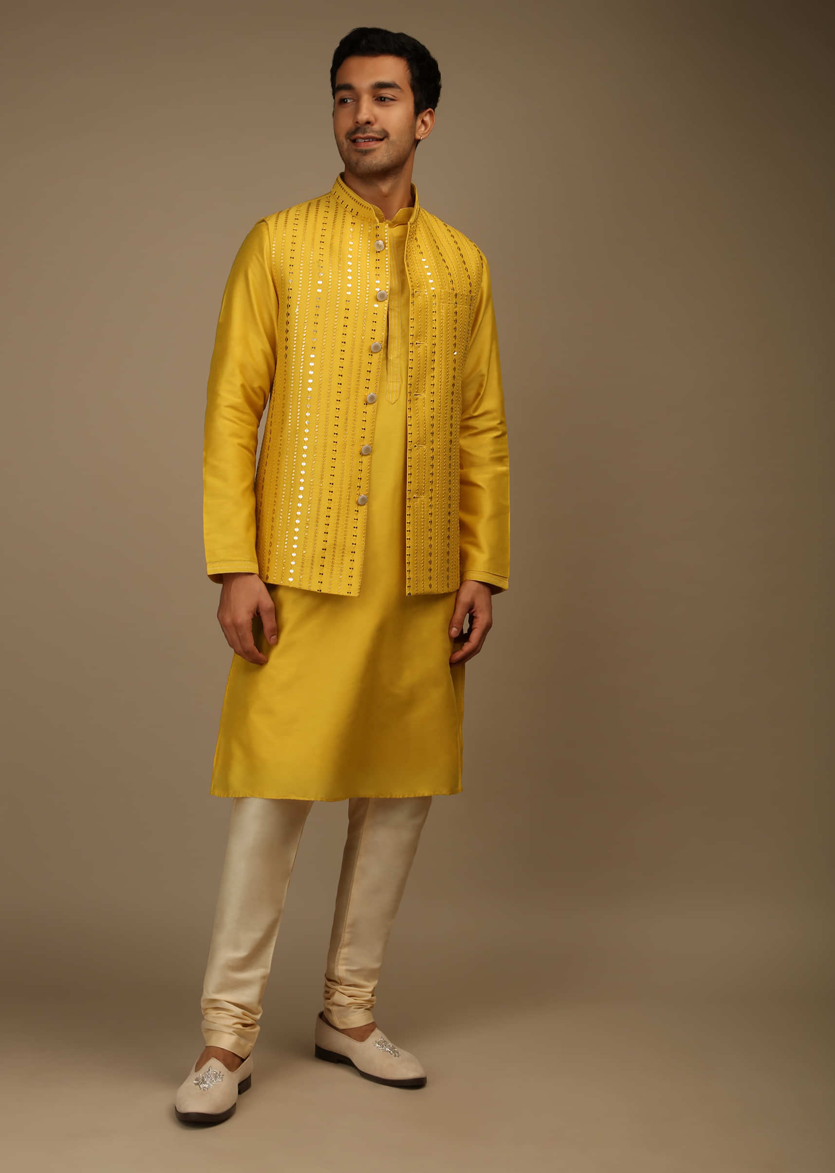 Mustard Nehru Jacket And Kurta Set In Silk With Resham And Sequins Abla Embroidered Striped Design