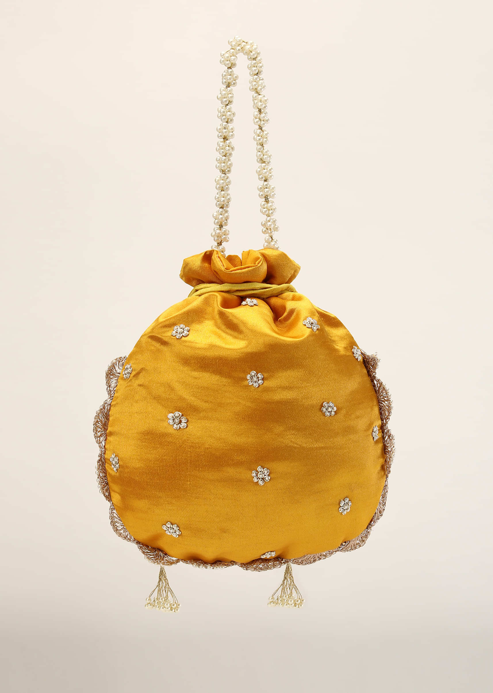 Mustard Floral Velvet Potli Bag