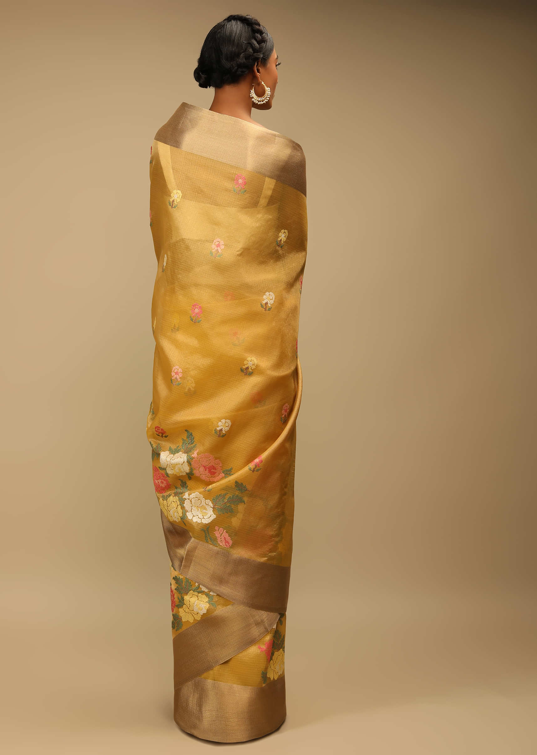 Mustard Saree In Zari Kota Silk With Multi Colored Resham Embroidered Flowers On The Border  