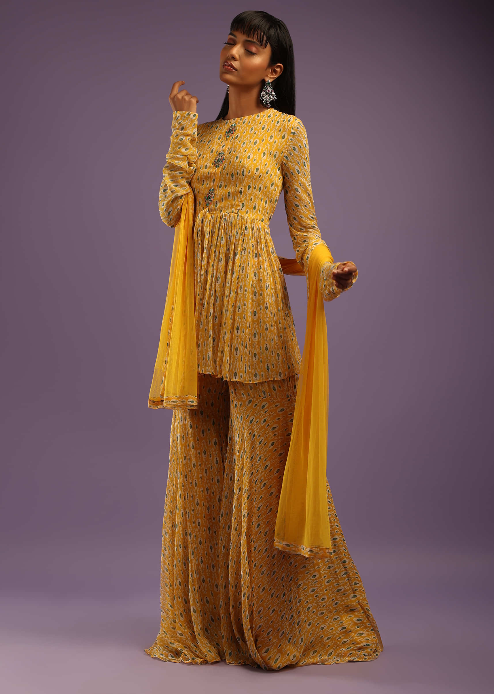 Buy Mustard Sharara Suit In Georgette With All Over Print And Churidar ...