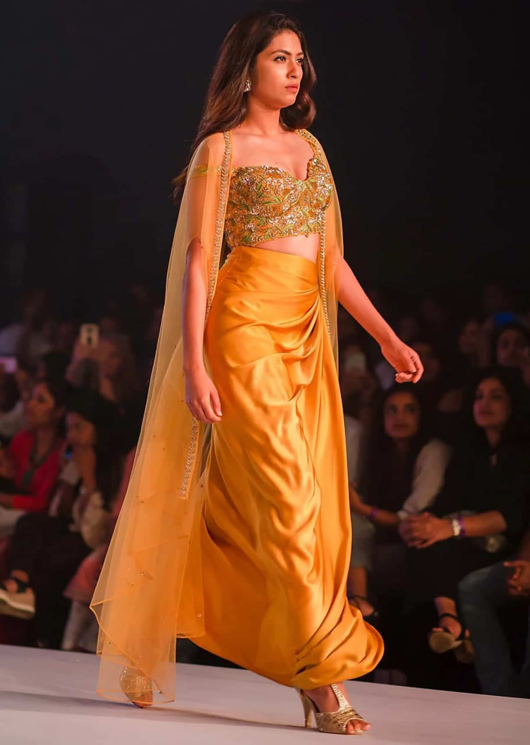 Mustard Skirt In Cowl Drape Matched With Embroidered Blouse And Fancy Jacket Online - Kalki Fashion
