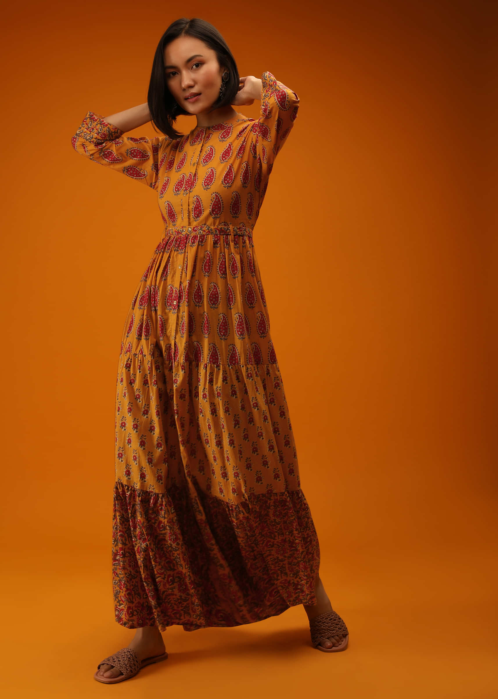 Mustard Tiered Dress In Cotton With Block Printed Paisley Buttis Online - Re By Kalki