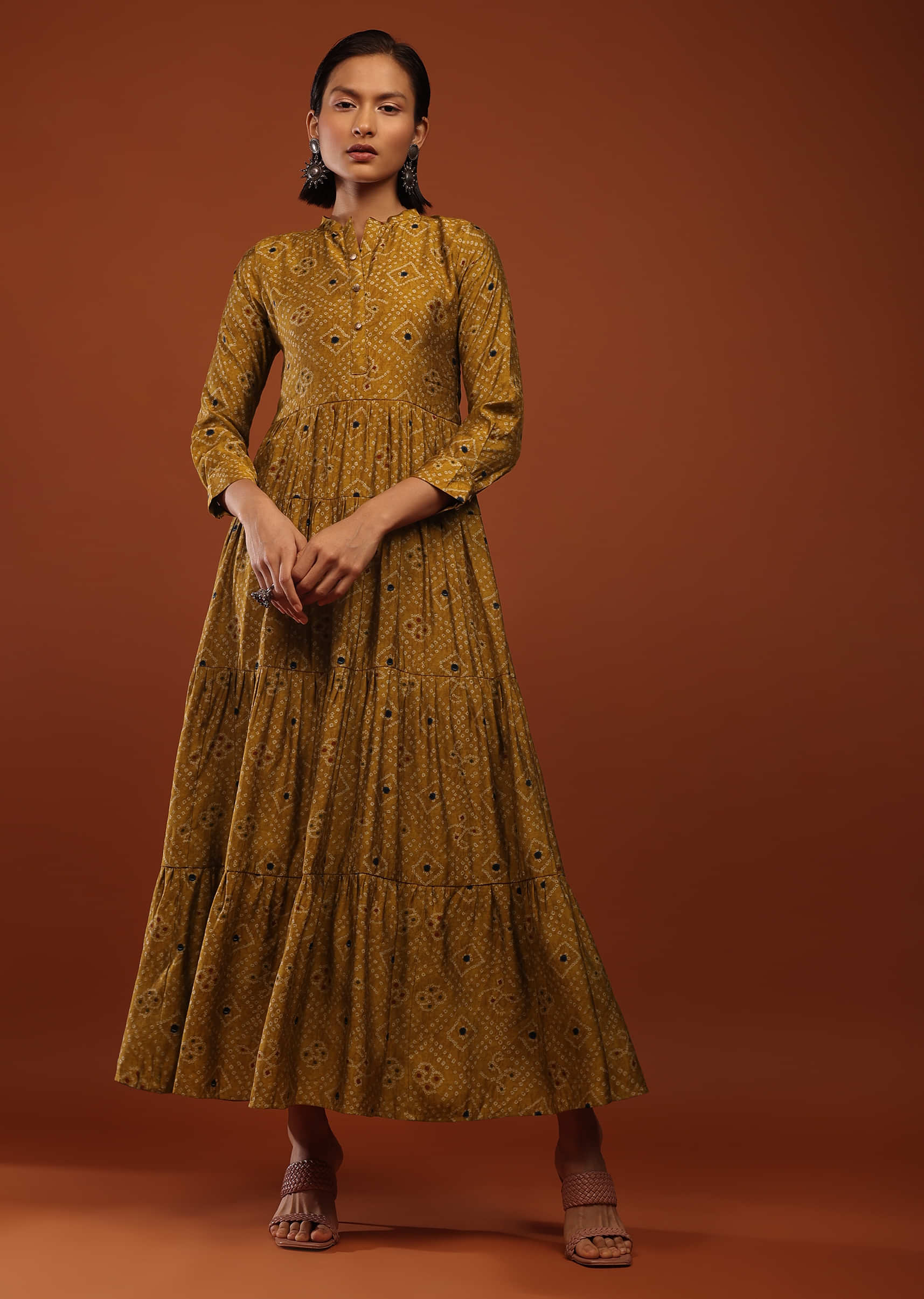 Mustard Tiered Dress In Silk With Bandhani Print And Full Sleeves