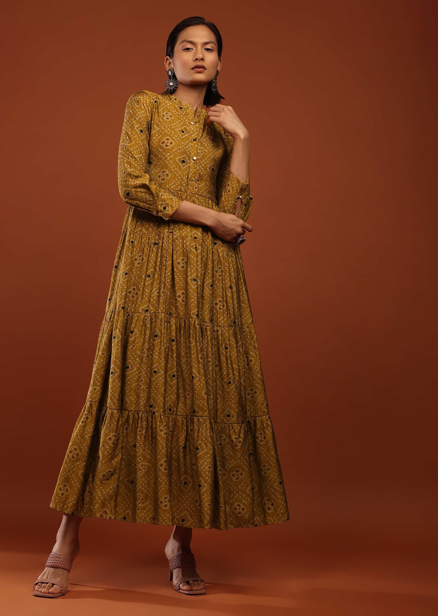 Mustard Yellow Tiered Dress In Silk With Bandhani Print