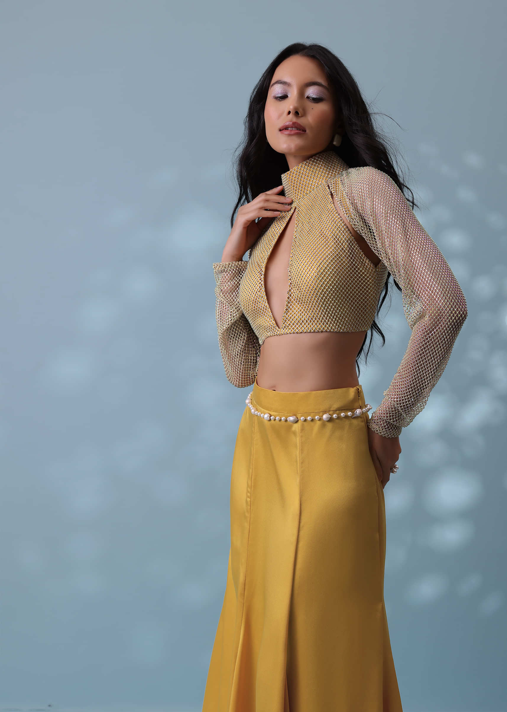 Mustard Yellow Indowestern Trail Skirt In Milano Satin With Mesh Blouse