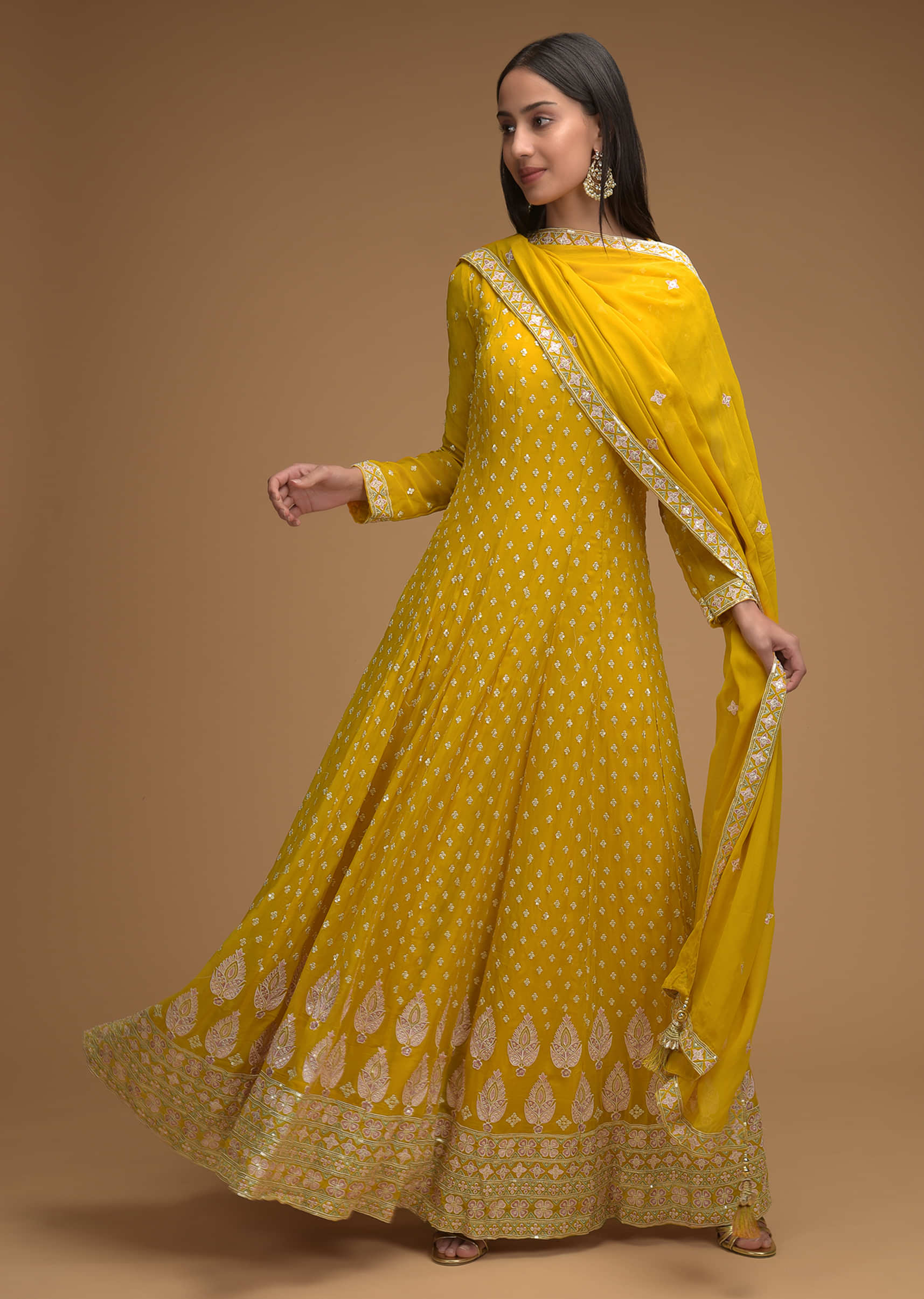 Readymade Yellow Anarkali Suit With Printed Dupatta Latest 4076SL19