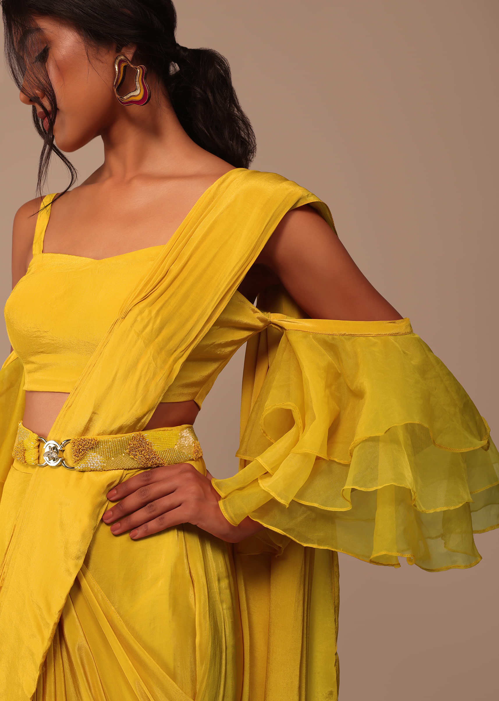 Mustard Yellow Crepe Saree With Ruffle Layered Blouse And Embroidered Belt