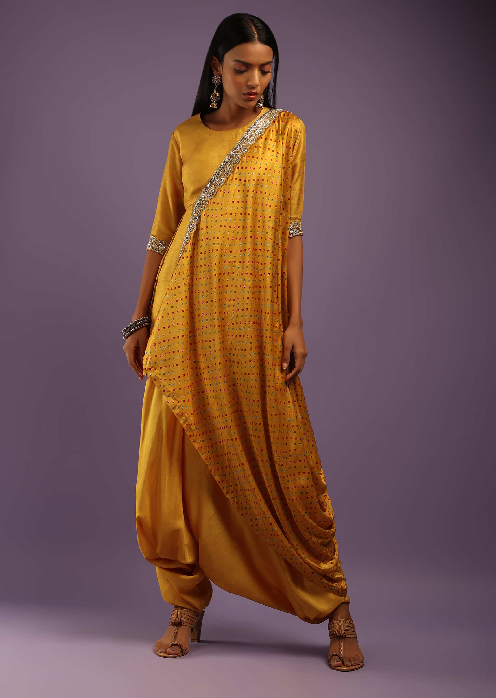 Mustard Yellow Dhoti Suit With Bandhani Printed One Sided Cowl Jacket  