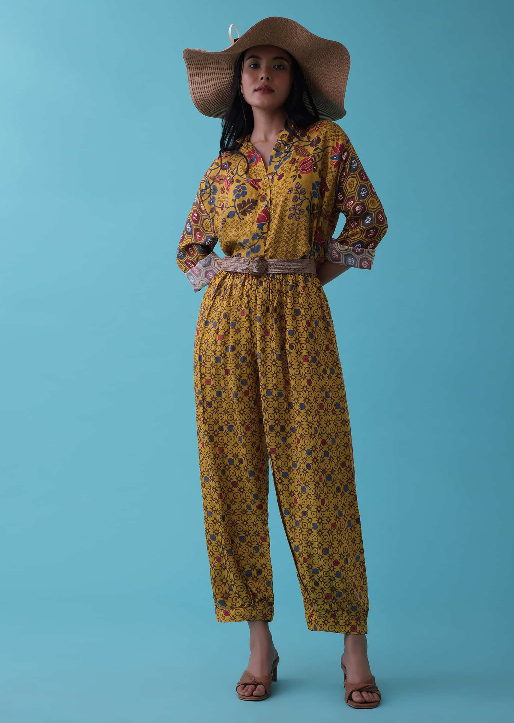 Buy Mustard Yellow Floral Printed Co-ord Palazzo Top Set In Mul Cotton ...
