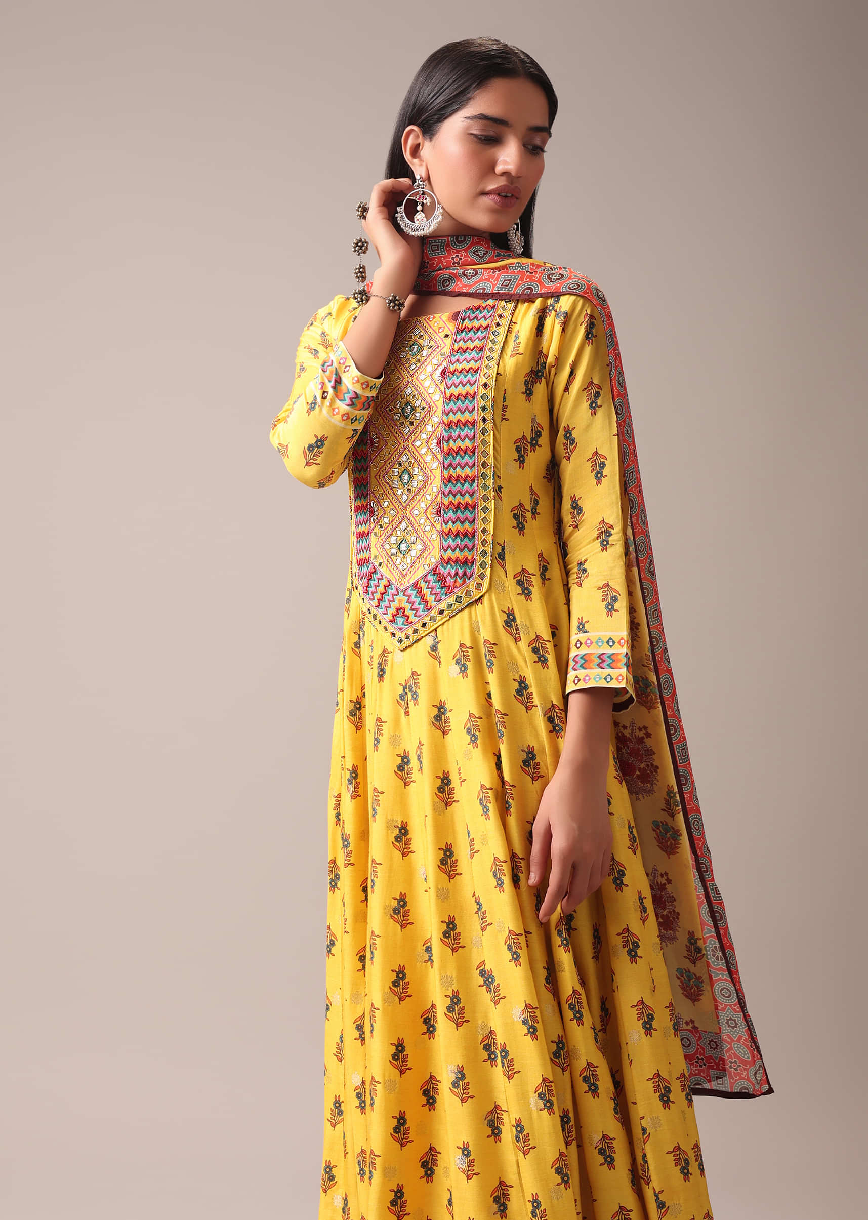 Buy Mustard Yellow Floral Printed Anarkali Suit Set In Art Silk