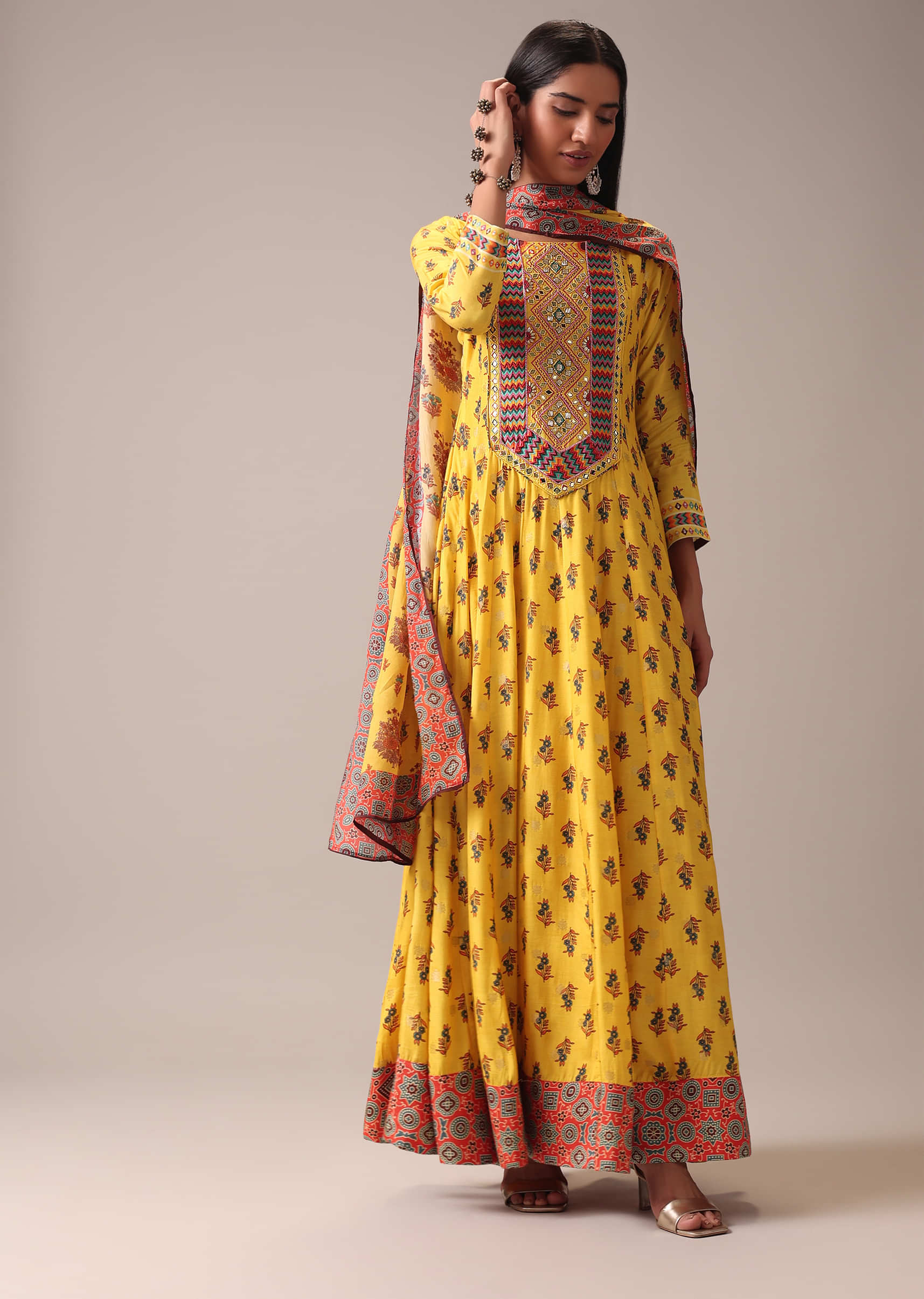 Buy Mustard Yellow Floral Printed Anarkali Suit Set In Art Silk